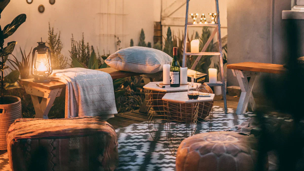 Cozy outdoor patio setup with wooden furniture, lantern, wine, and string lights for evening relaxation