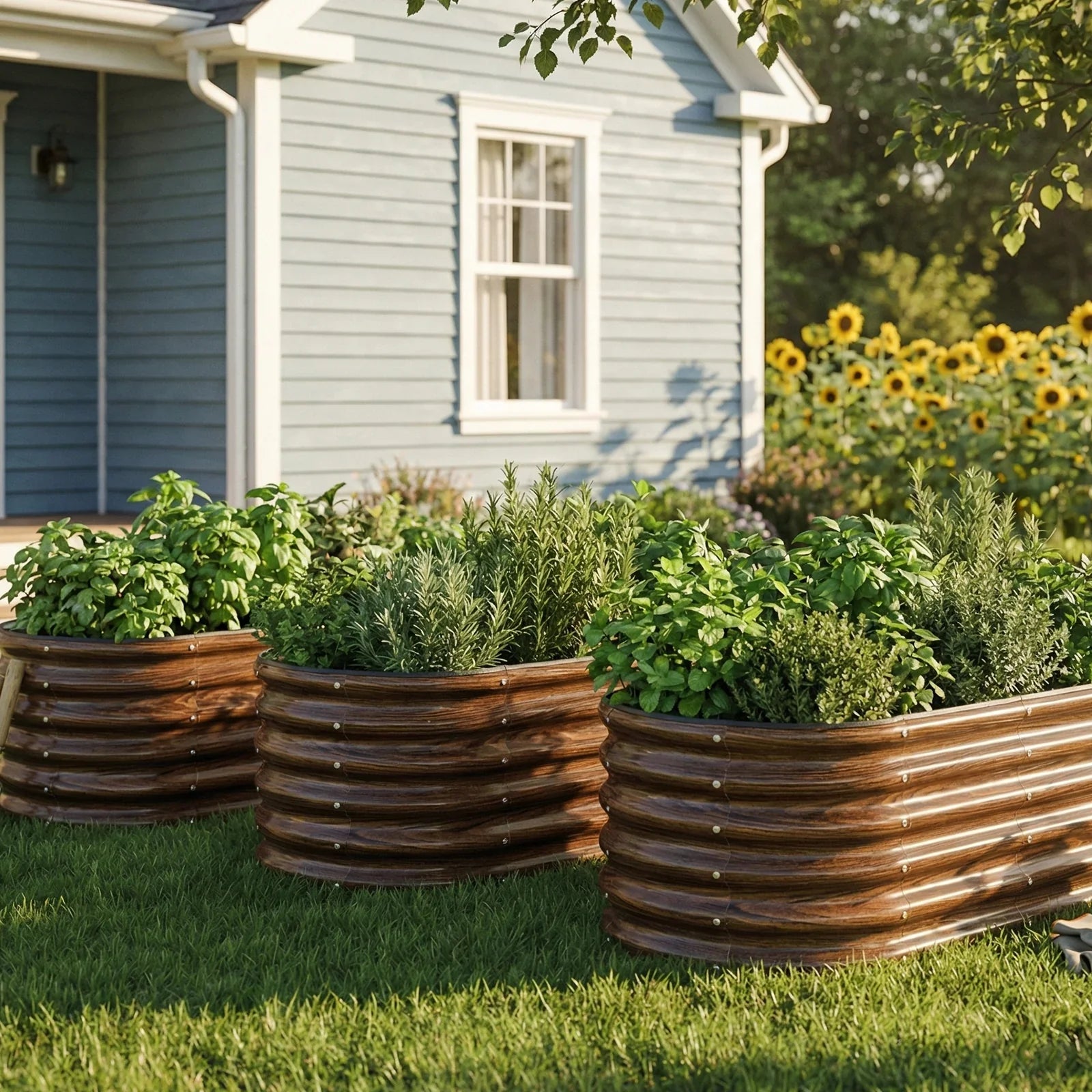 Wood-textured metal raised garden beds with herbs in sunny backyard near blue house