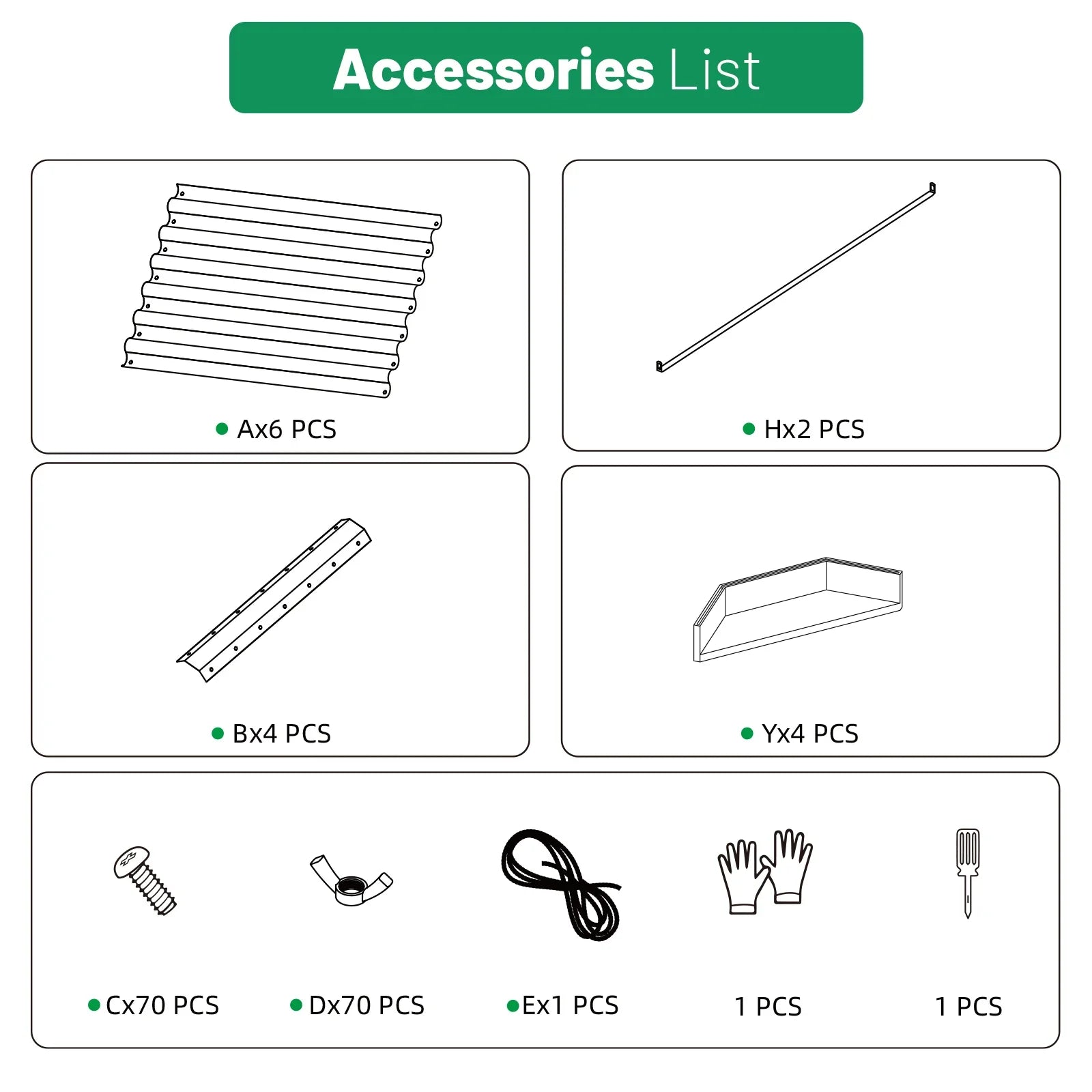 Accessories list for metal raised garden bed: panels, screws, gloves, tools — all parts included for easy assembly.