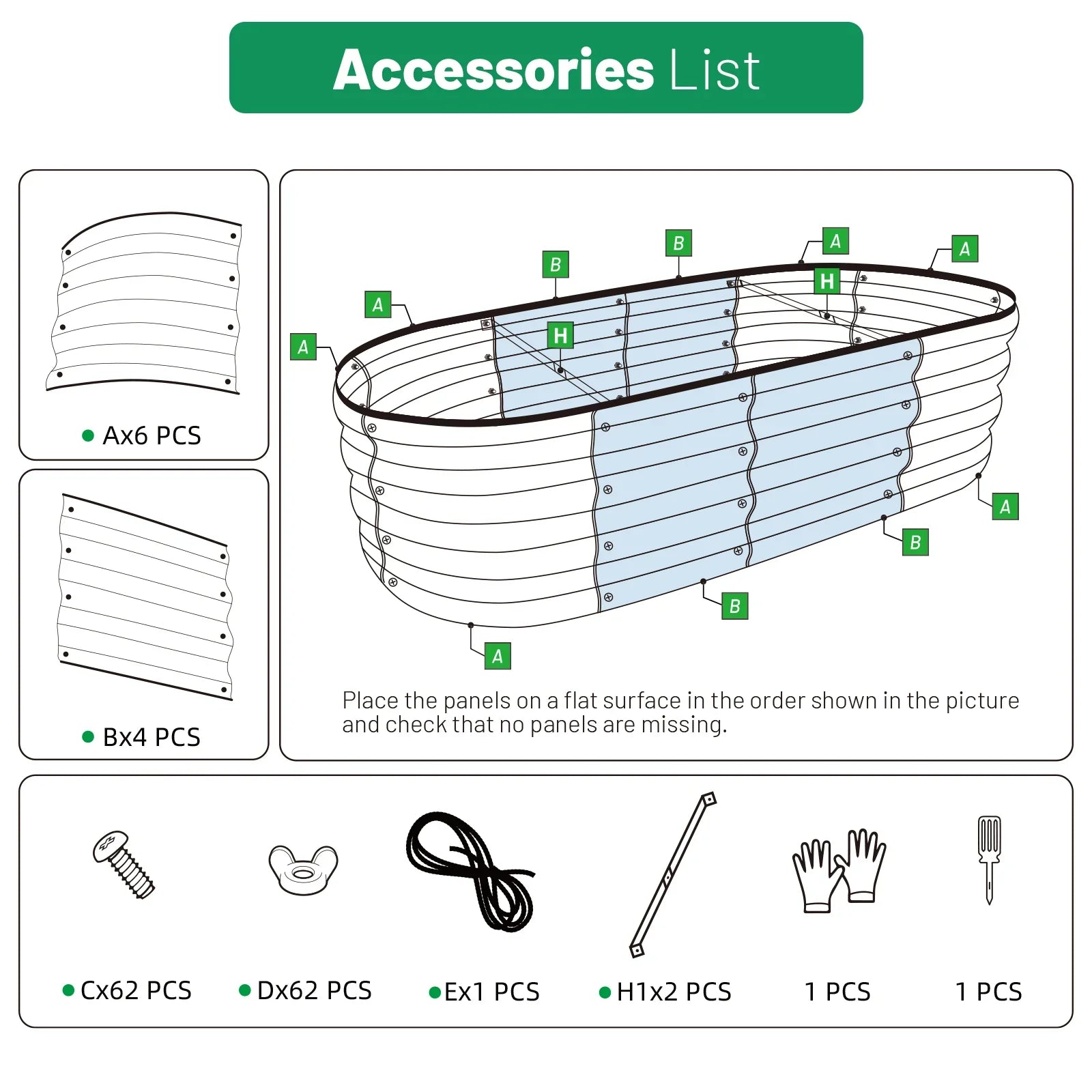 Metal raised garden bed assembly diagram with labeled panels and hardware parts for easy setup