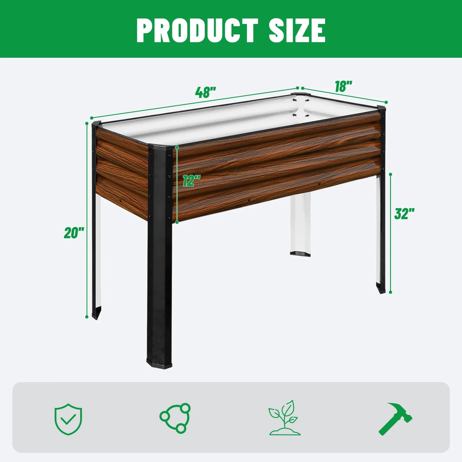 Raised garden bed with metal frame and wood-look panels, 48x18x32 inches, ideal for American gardens