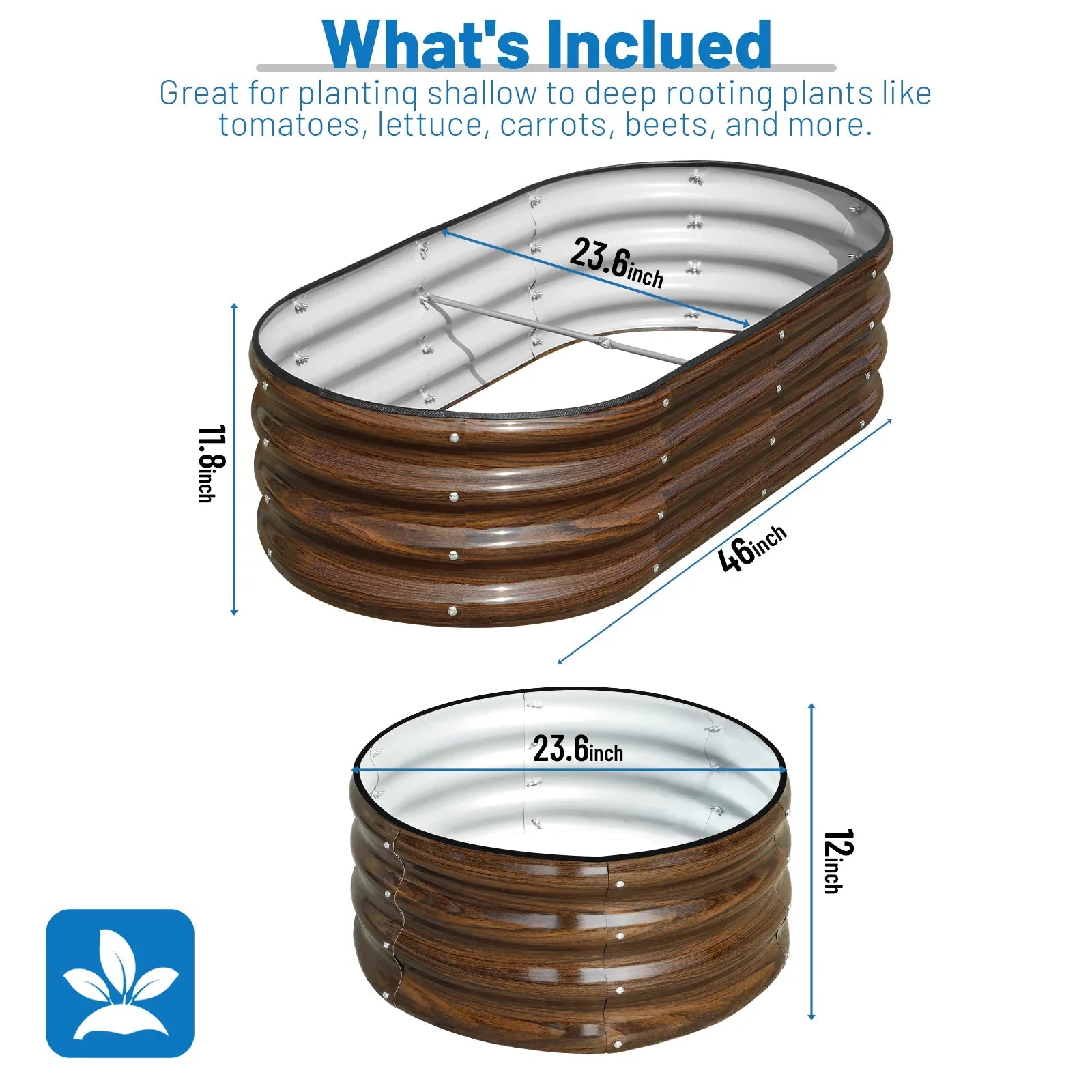 Metal raised garden bed with wood grain finish, 46x23.6 inches, ideal for tomatoes, lettuce, carrots