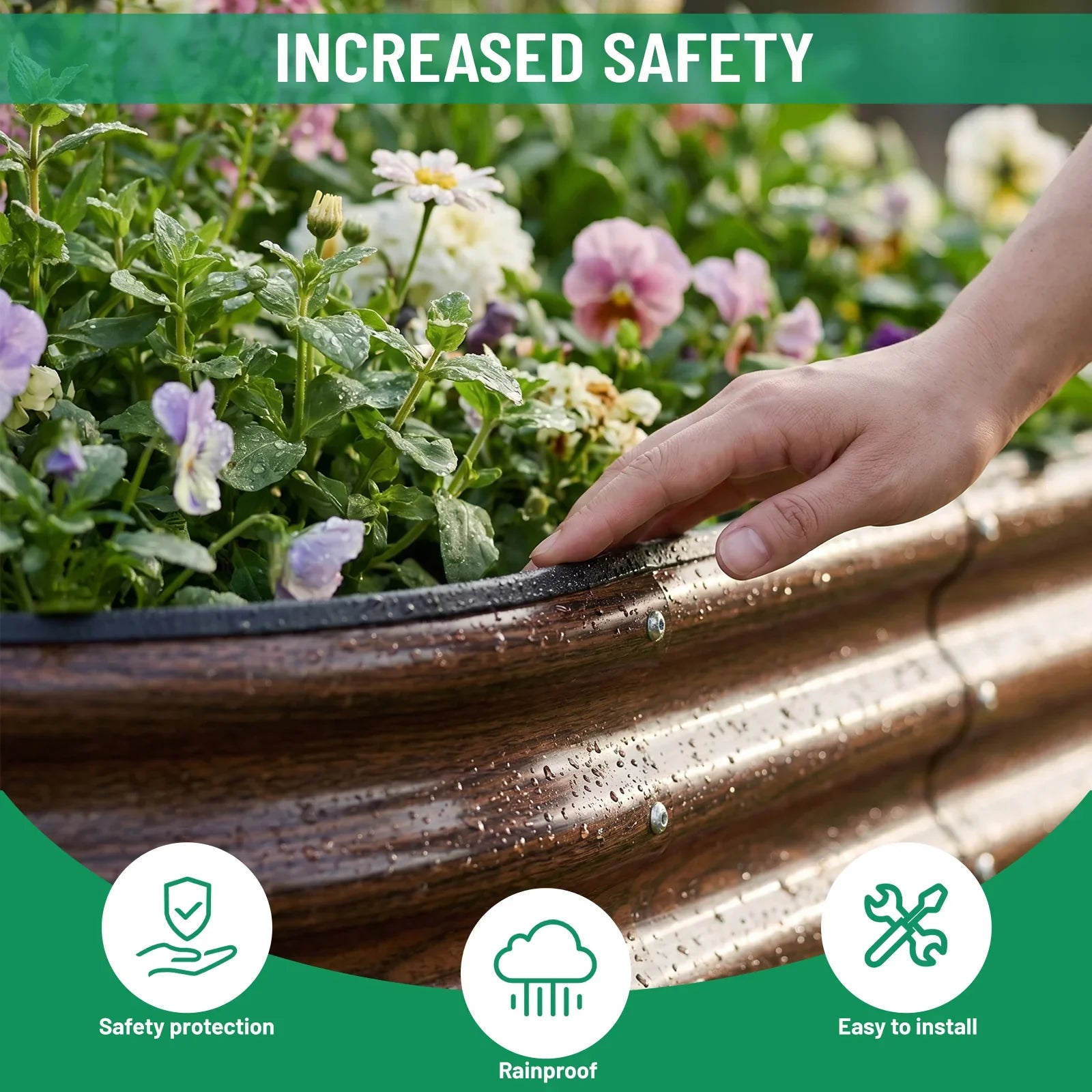 Hand touching durable, rainproof metal raised garden bed with safety edge, ideal for flower gardening.