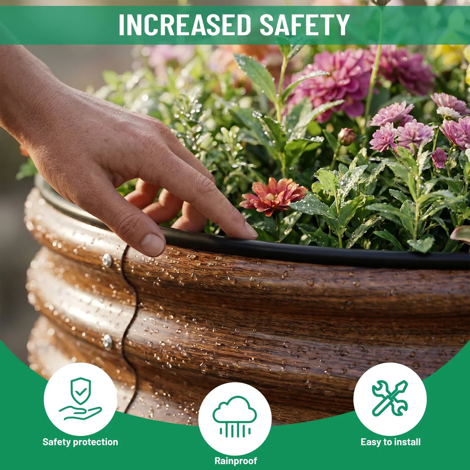 Hand tending flowers in a rainproof, easy-install raised garden bed with safety protection