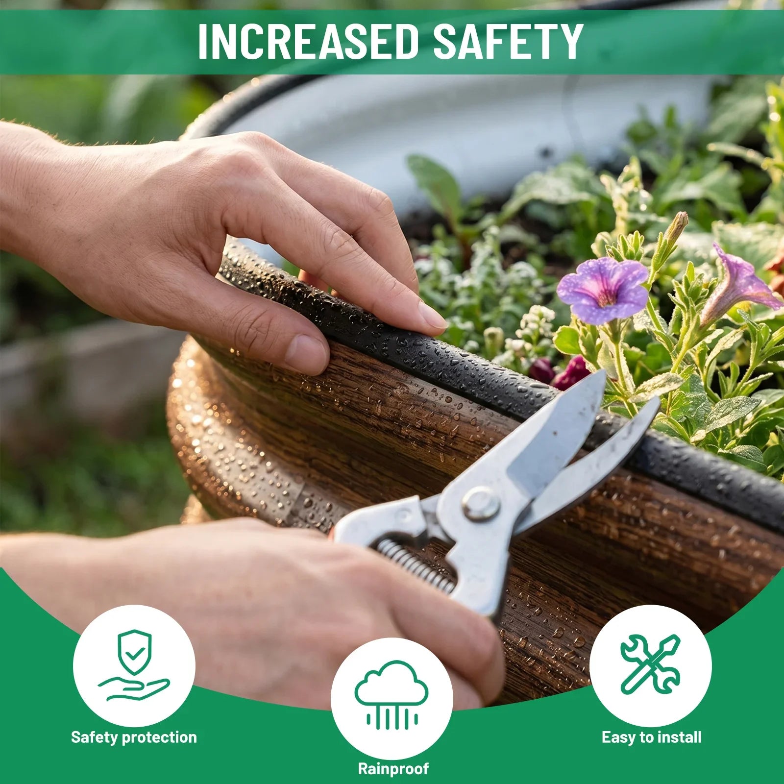 Gardener trimming plants in a rainproof, easy-to-install raised garden bed with safety protection
