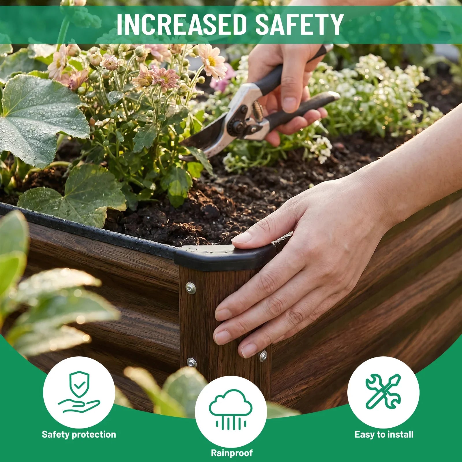 Gardener pruning flowers in a durable, rainproof raised garden bed with safety features and easy installation.