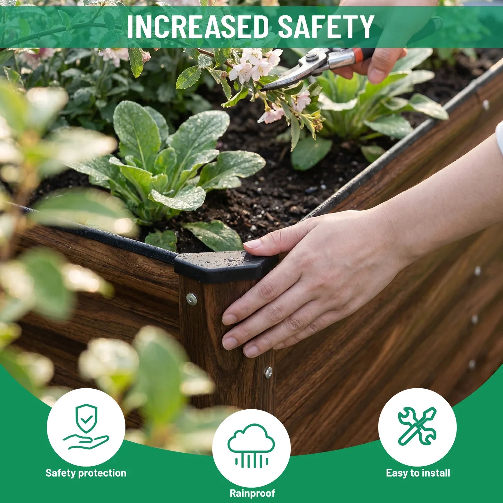Person pruning flowers in a durable, rainproof raised garden bed with safety corner guards