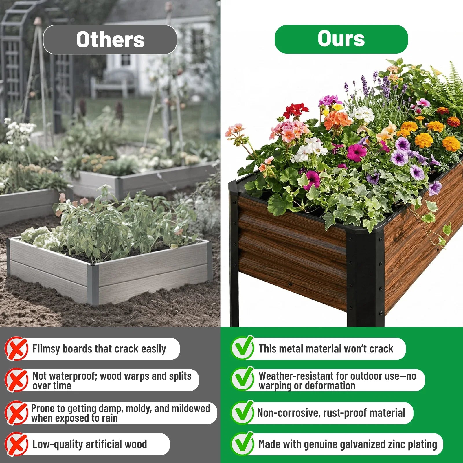 Durable metal raised garden bed with vibrant flowers vs. flimsy wood alternativeâweather-resistant, rust-proof, ideal for outdoor gardens.