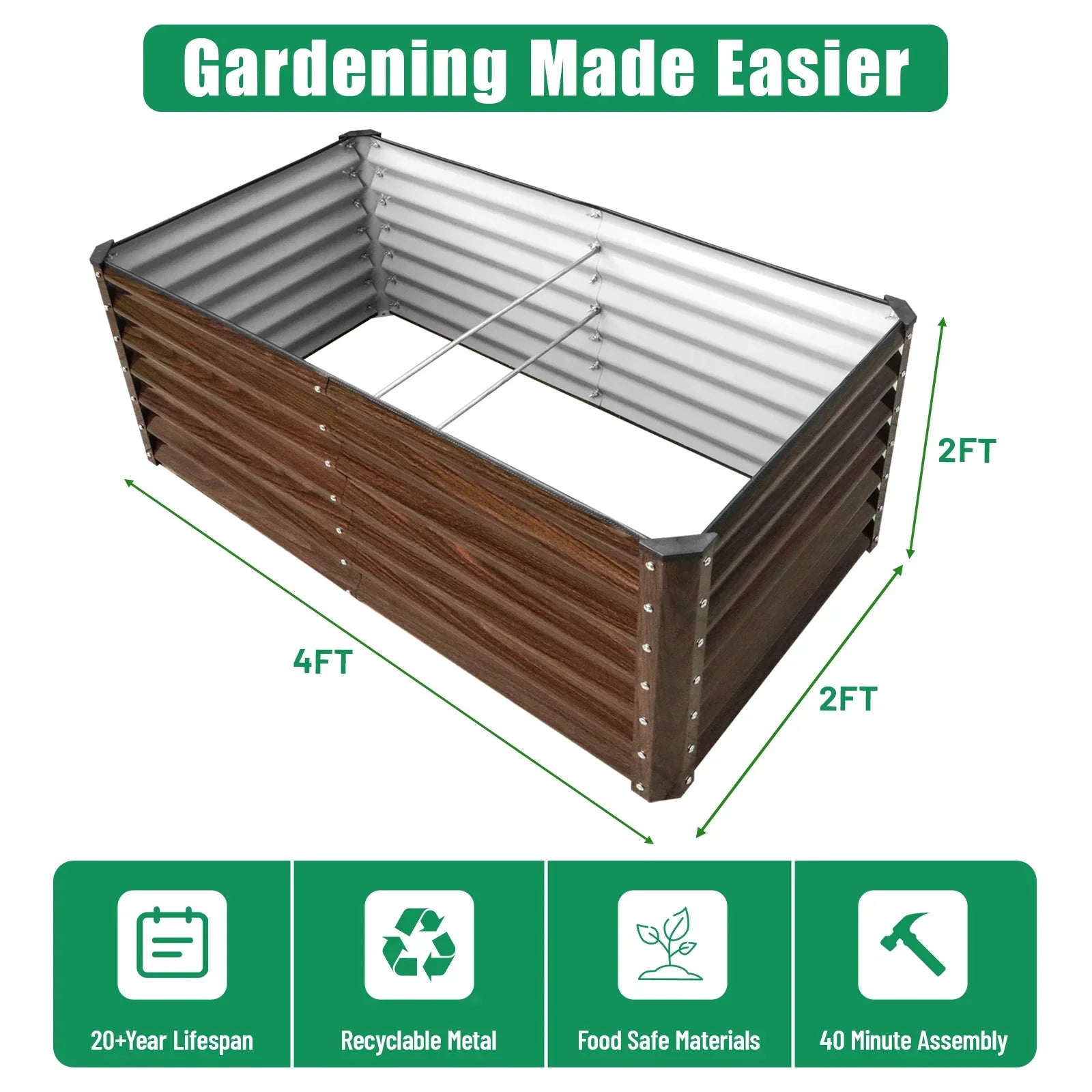 4ft x 2ft metal raised garden bed with wood-look panels, recyclable, food-safe, 40-min assembly