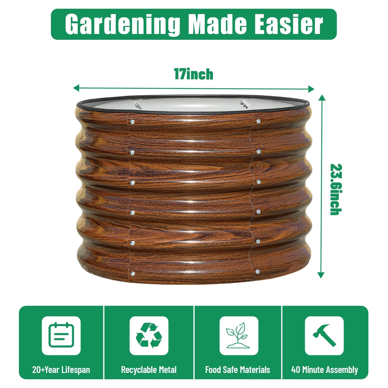 Round metal raised garden bed with wood grain finish, 17-inch diameter, 23.6-inch height, recyclable & food-safe