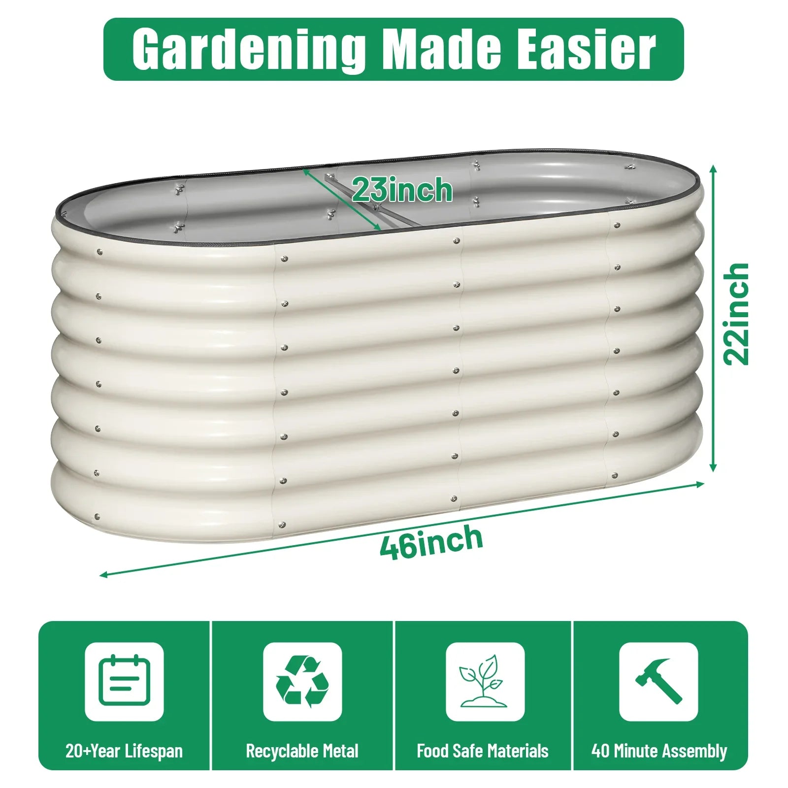 Oval metal raised garden bed, 46x23x22 inches, recyclable, food-safe, 40-min assembly for easy gardening