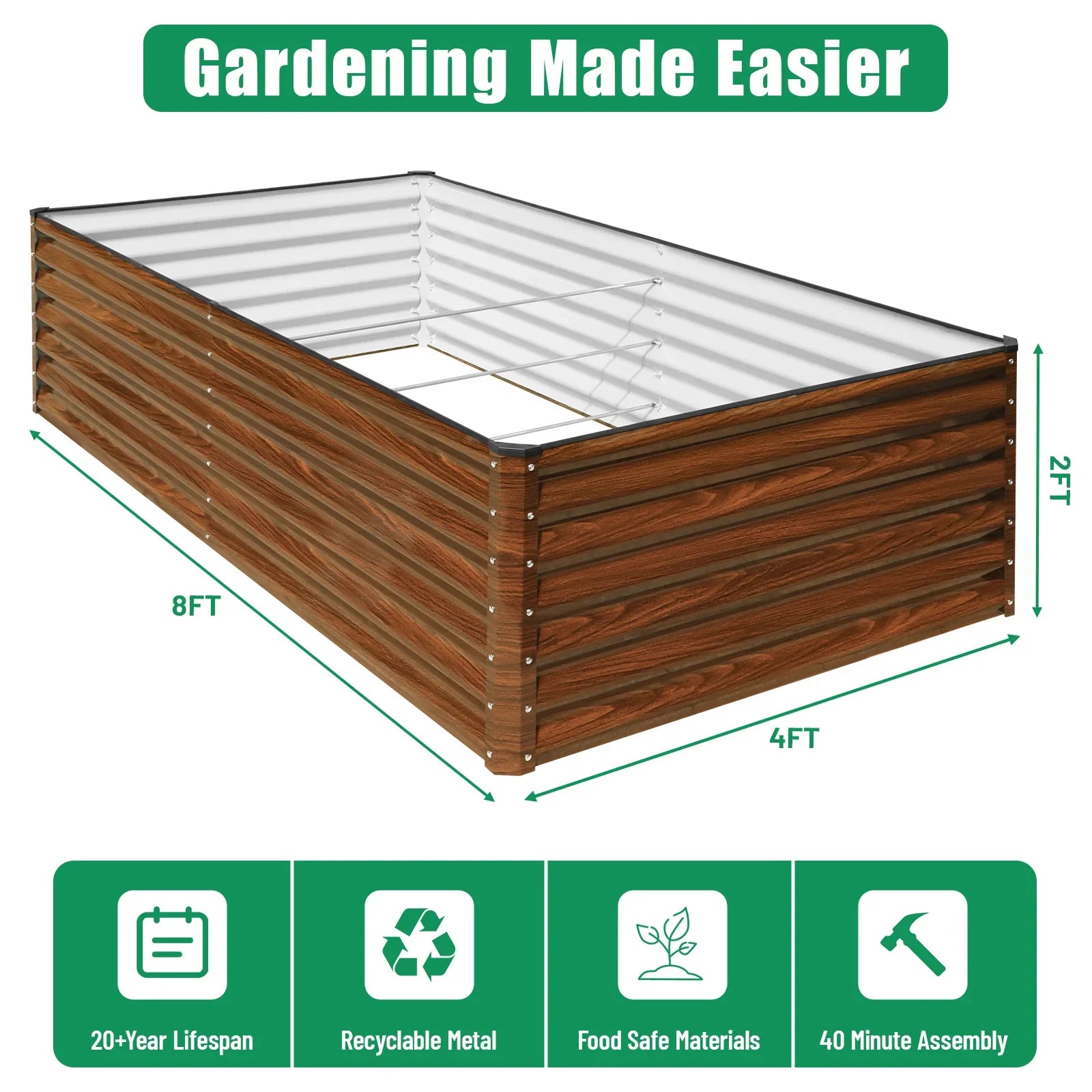 Large 8x4ft metal raised garden bed with wood-look panels, 2ft tall, recyclable & food-safe for easy gardening