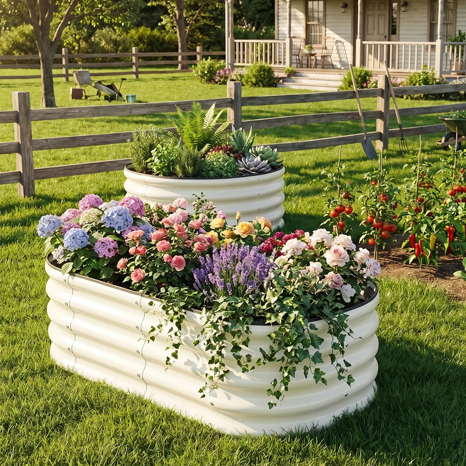 White metal raised garden beds with colorful flowers and herbs in a sunny backyard