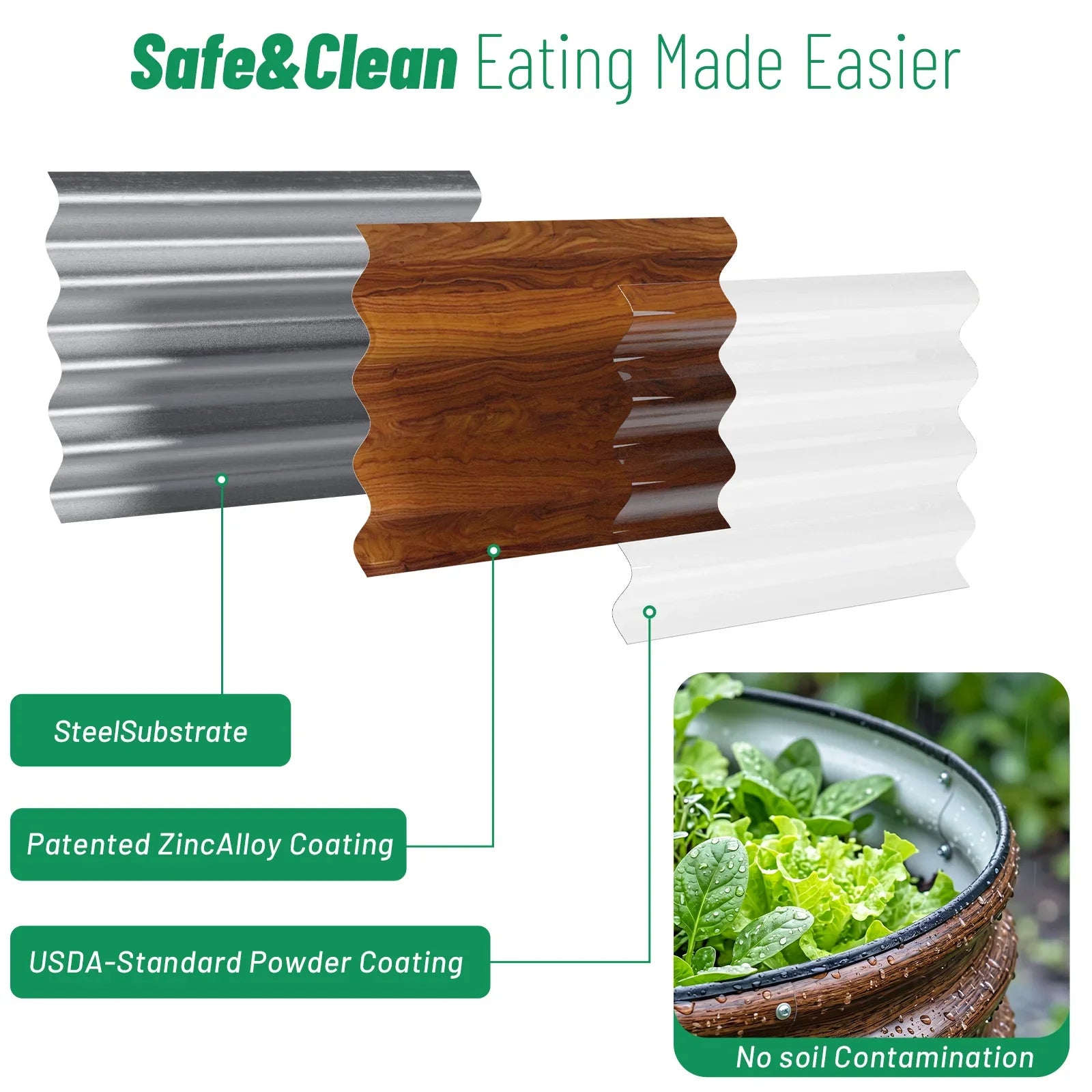 Metal raised garden bed with steel substrate, zinc alloy & USDA powder coating for safe, clean vegetable growing