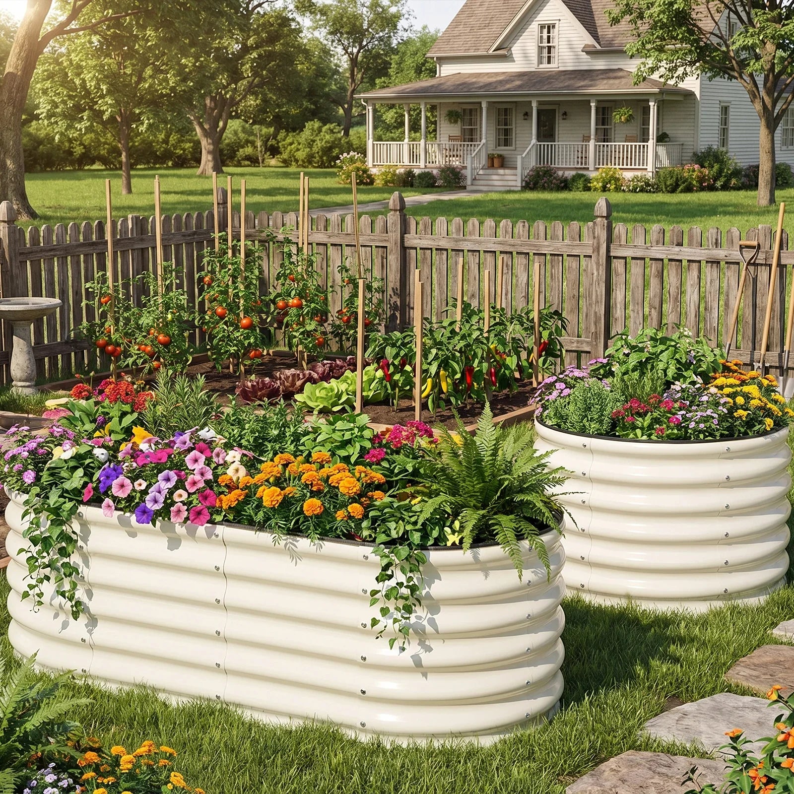 White metal raised garden beds with colorful flowers and vegetables in a sunny backyard