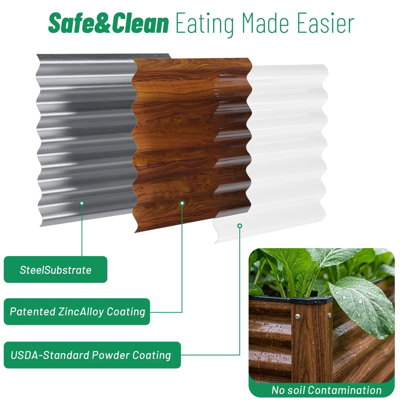 Durable metal raised garden bed with zinc alloy & USDA powder coating, safe for growing vegetables, no soil contamination