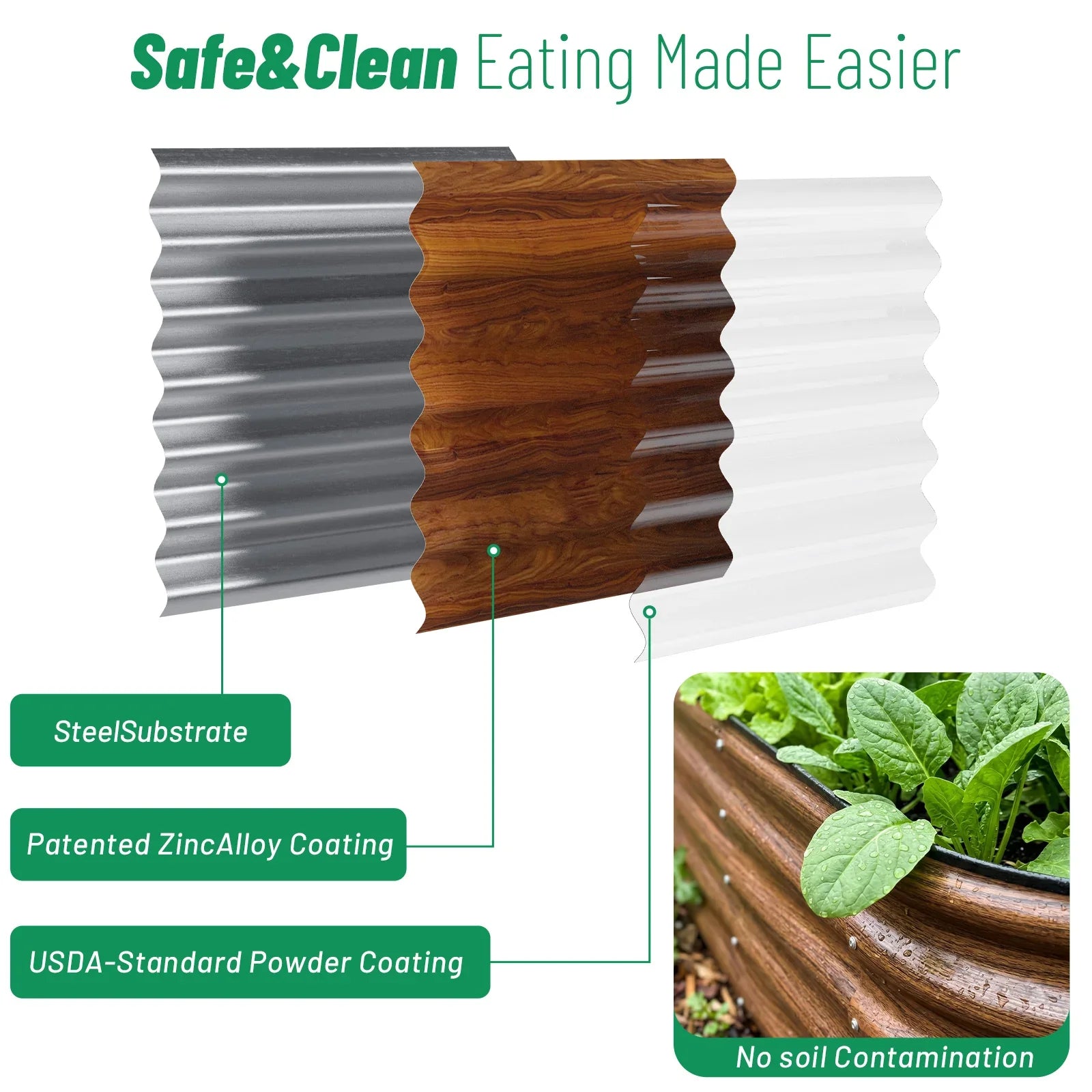 Durable metal raised garden bed with steel substrate, zinc alloy & USDA powder coating for safe, clean vegetable growing