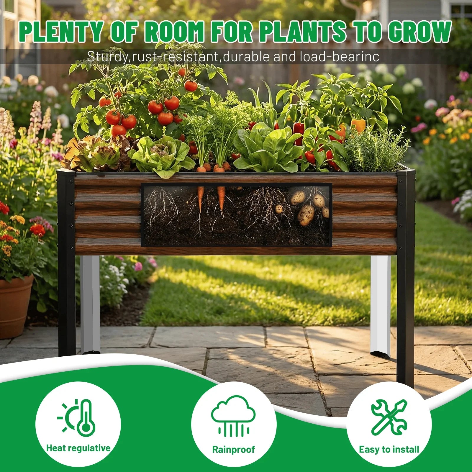 Sturdy metal raised garden bed with thriving tomatoes, peppers, and carrots in a sunny backyard.