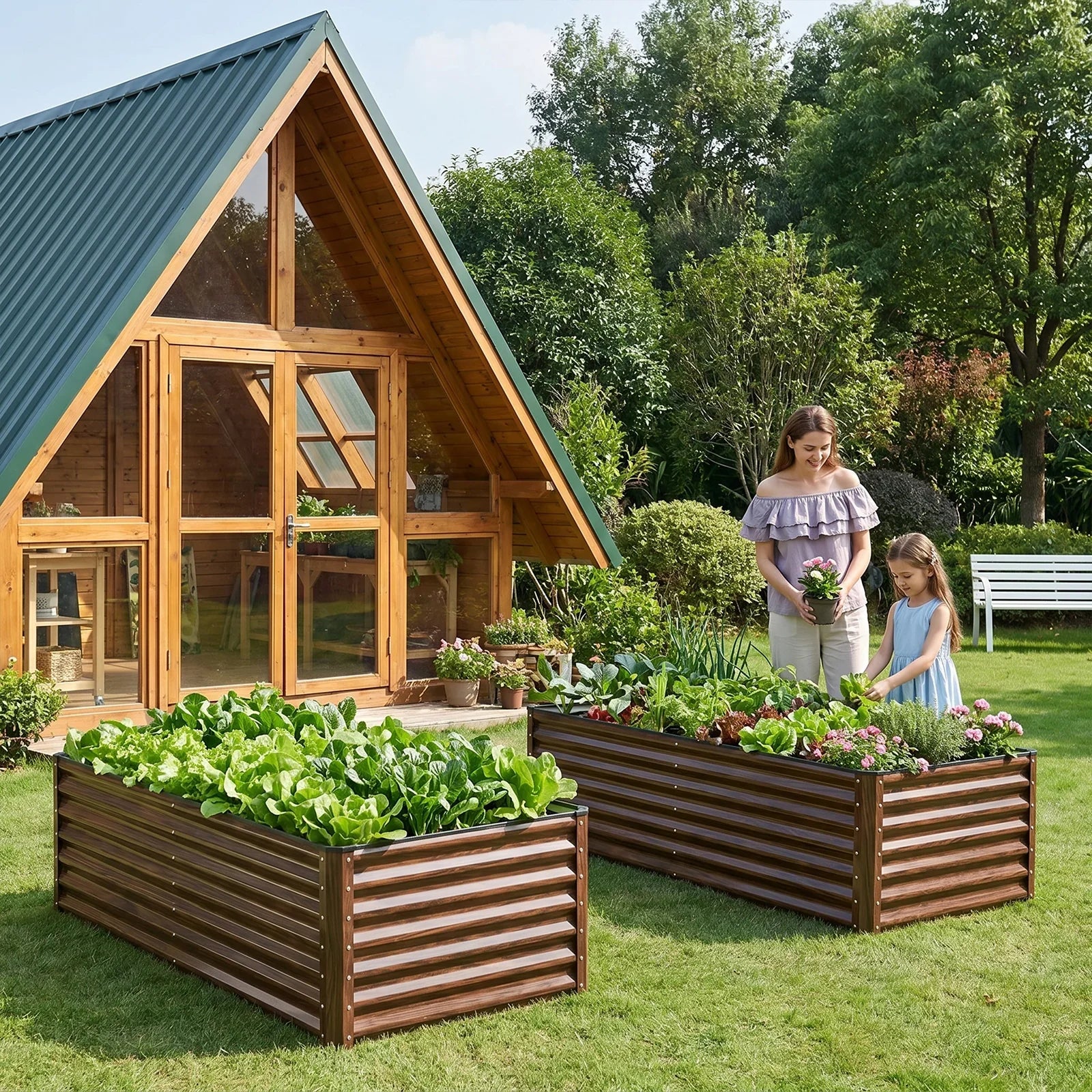 Metal raised garden beds with lush greens and flowers, perfect for backyard gardening with family.