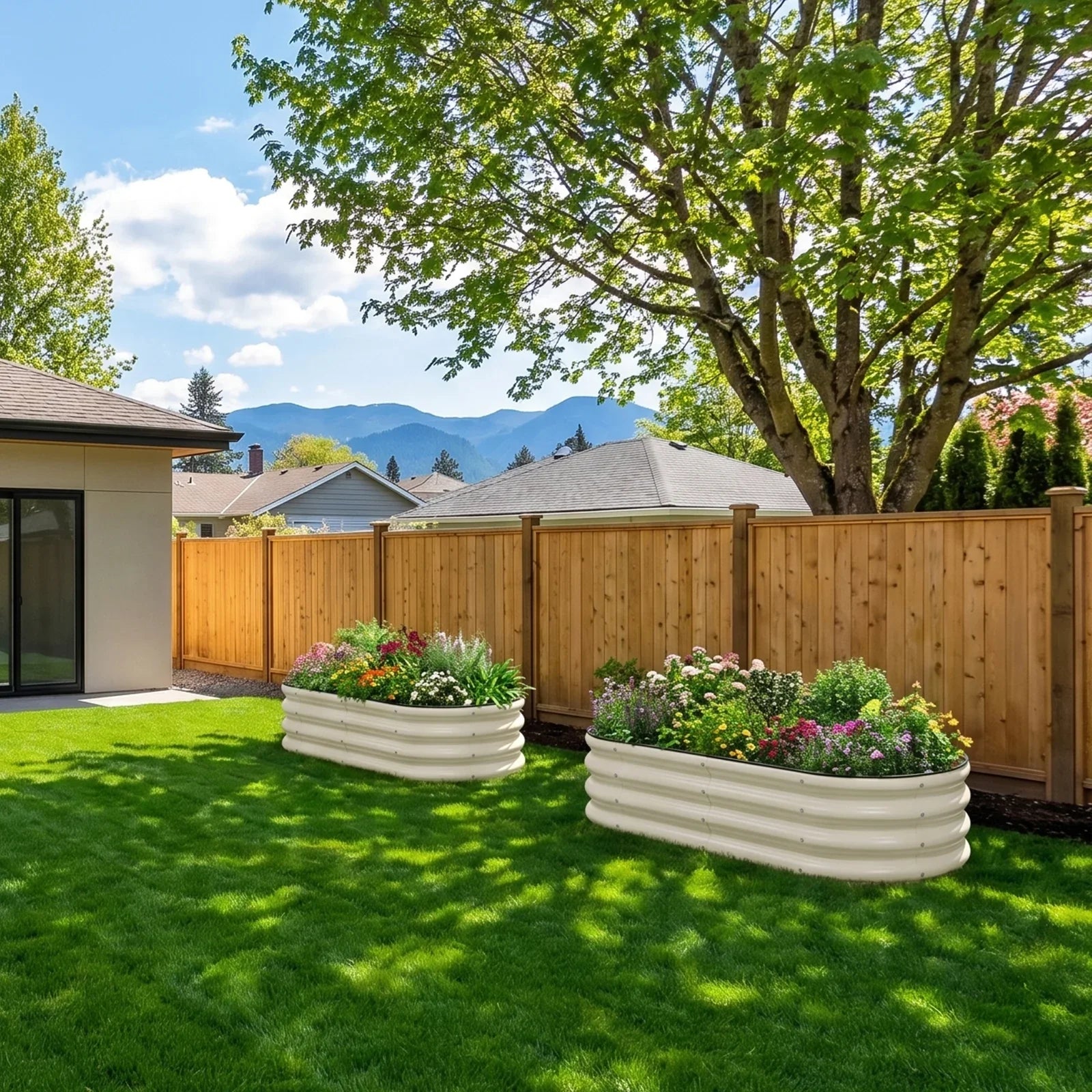 White metal raised garden beds with colorful flowers in a sunny backyard, perfect for American gardens.