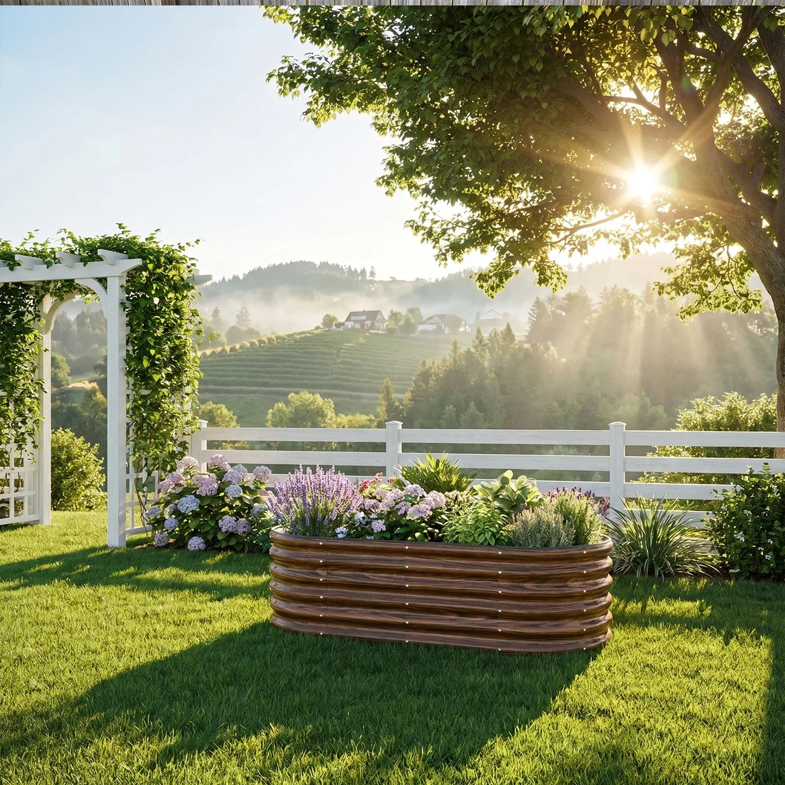 Wood-style metal raised garden bed with flowers in sunny backyard, perfect for American gardens