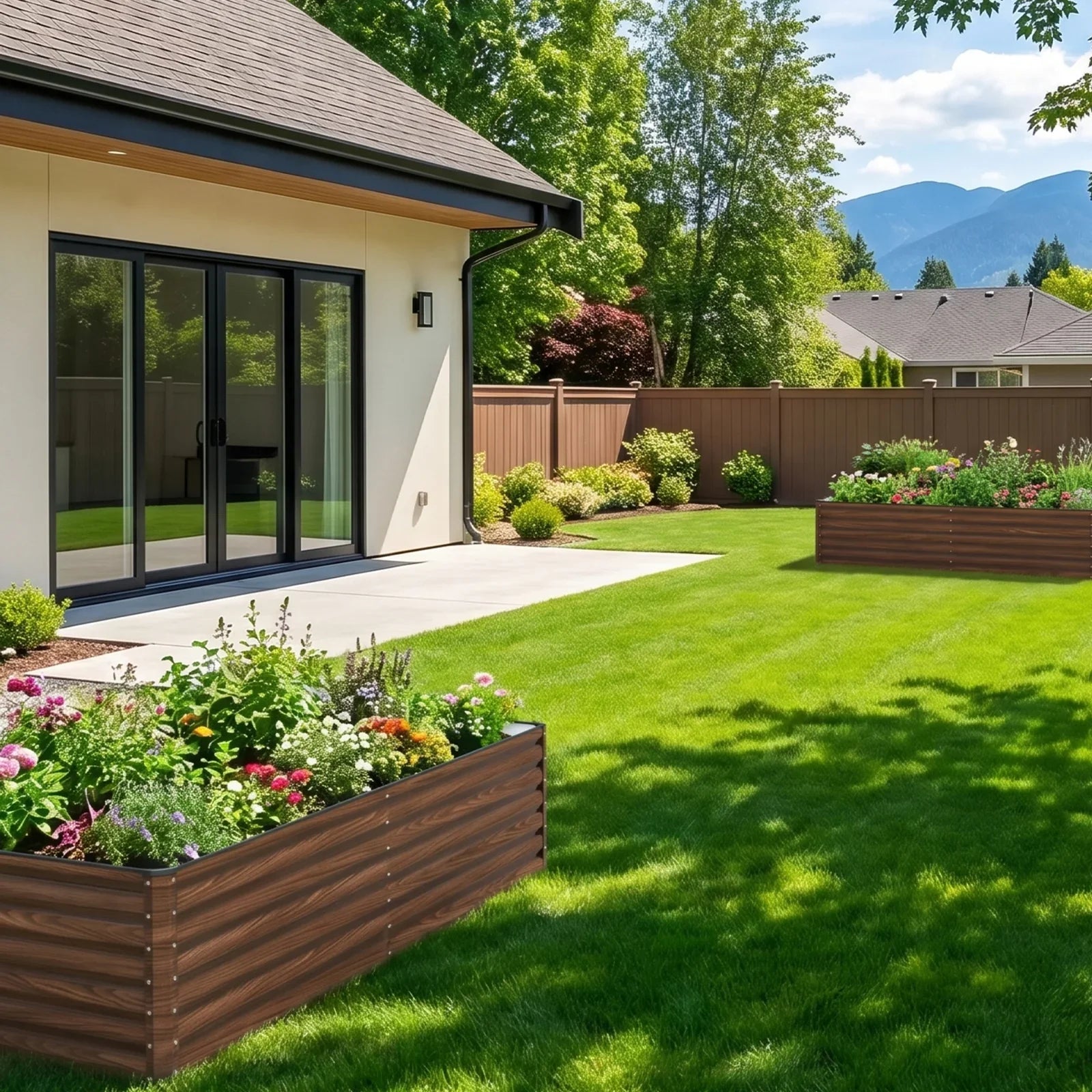 Wood-textured raised garden beds with colorful flowers in a sunny backyard, perfect for modern home gardening.