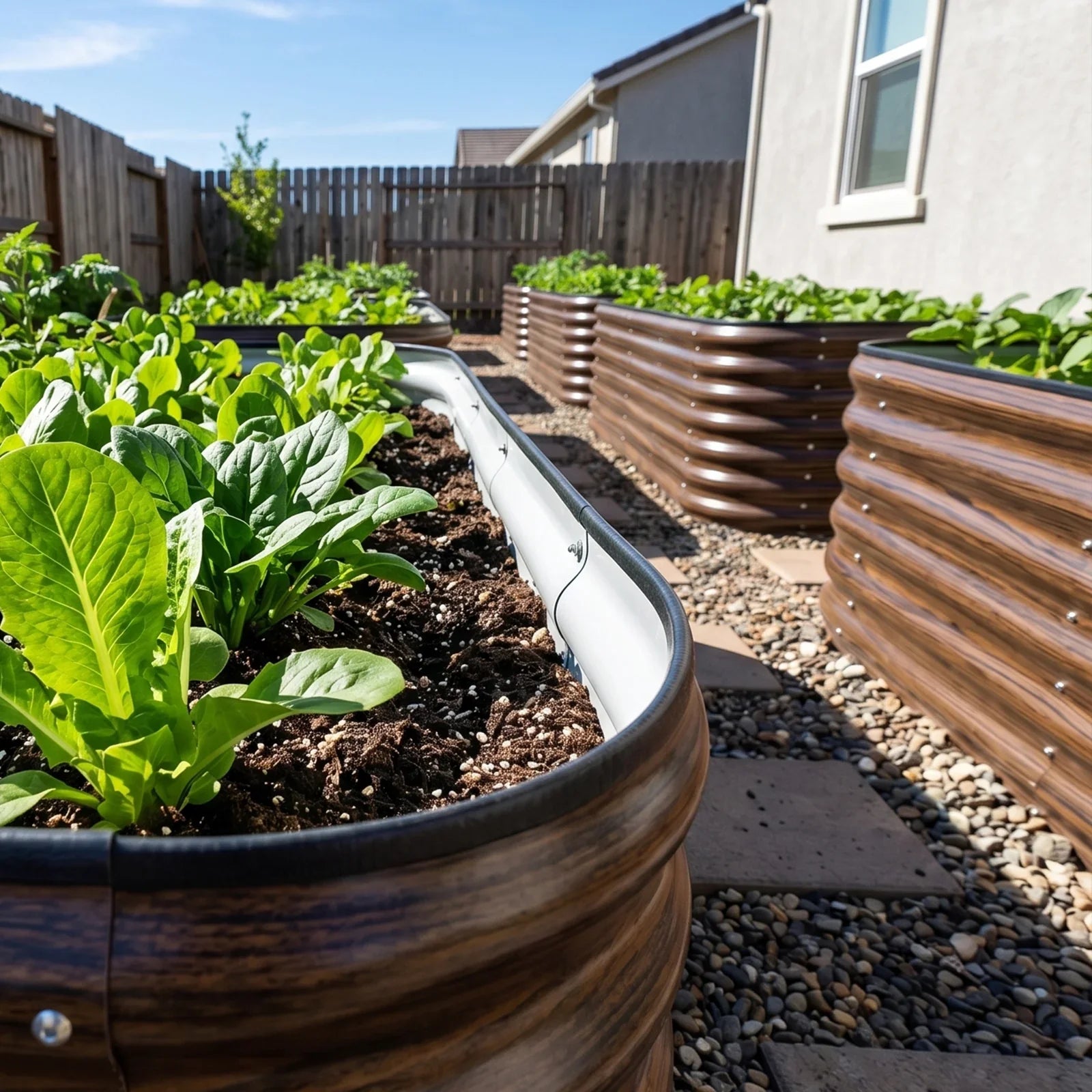 Metal raised garden beds with lush greens in a sunny backyard, perfect for American gardeners.