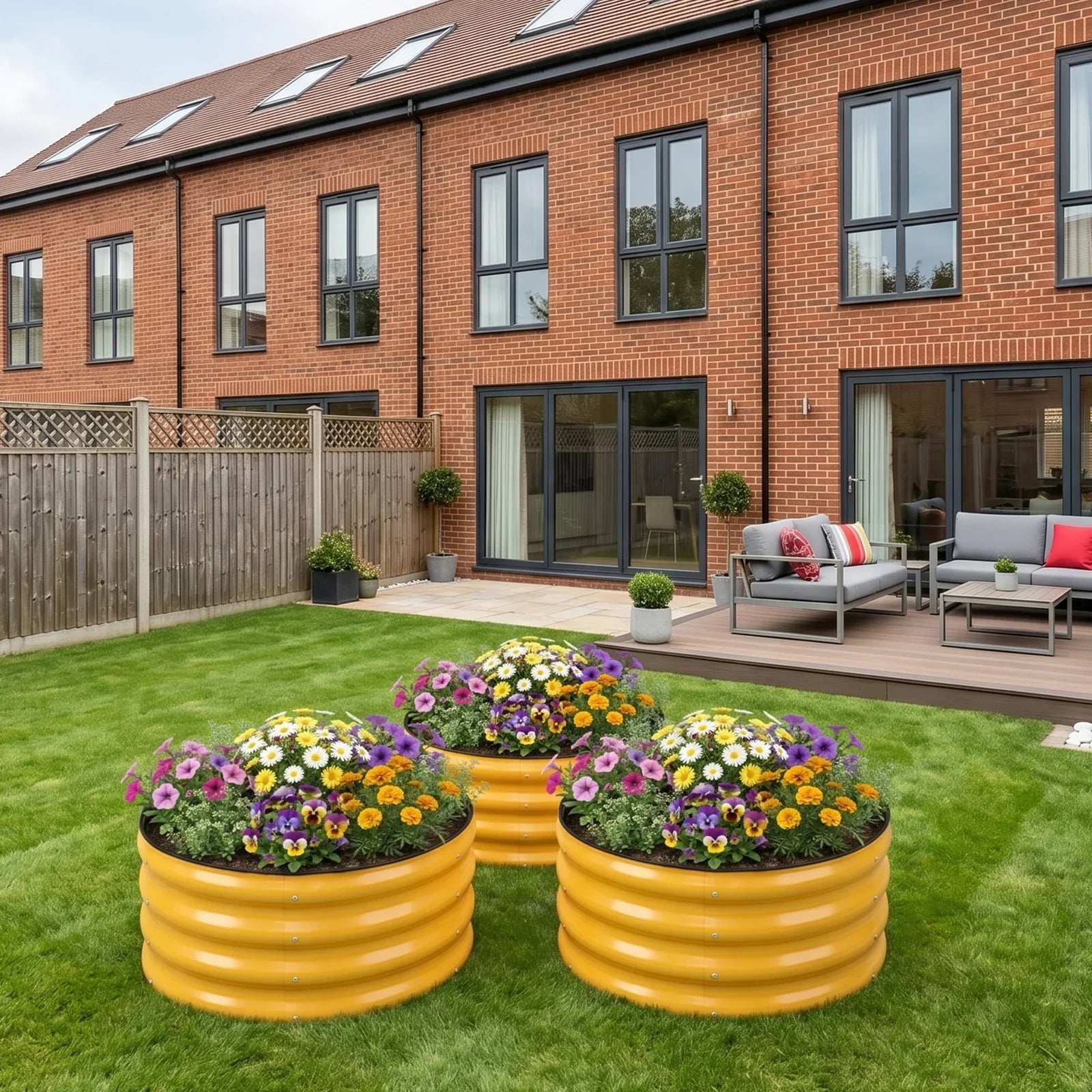 Bright yellow metal raised garden beds with colorful flowers on a green lawn near a brick home patio
