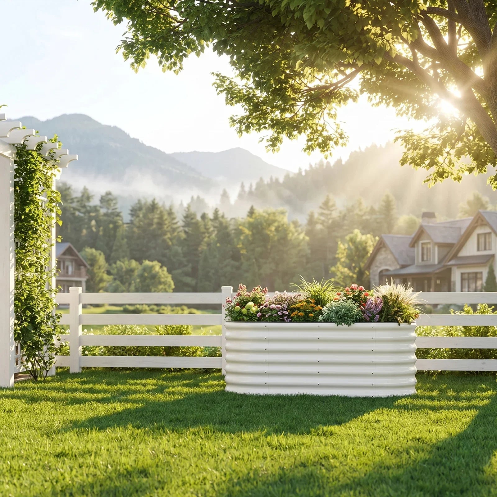 White corrugated metal raised garden bed with colorful flowers in sunny backyard, mountains in background