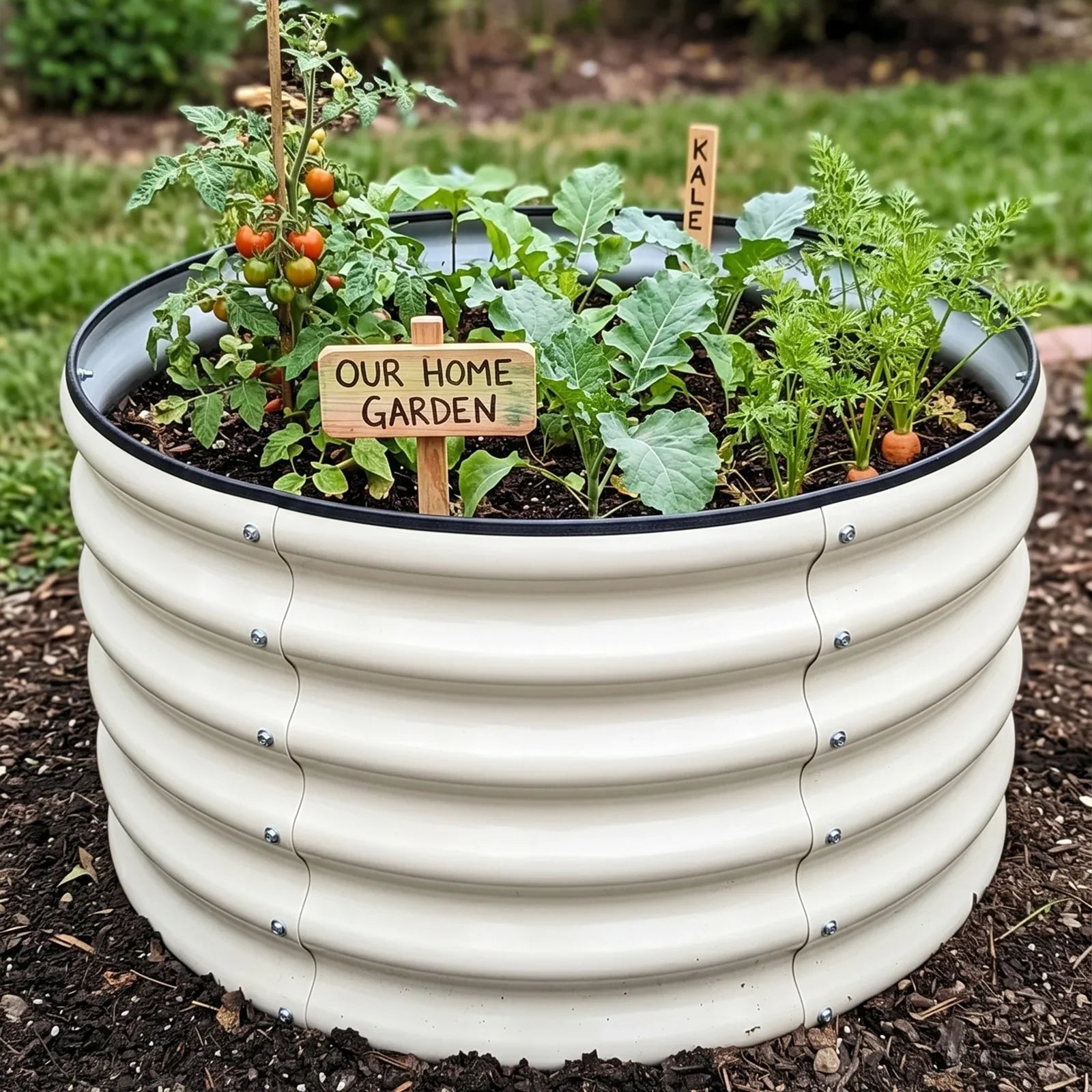 Round metal raised garden bed with tomatoes, kale, and carrots in a home garden