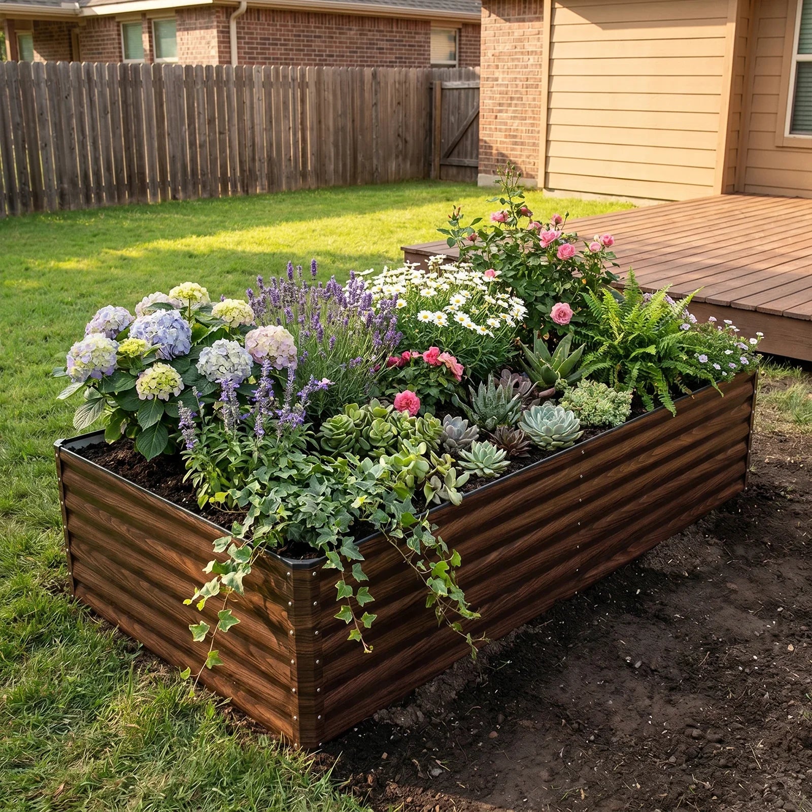 Wooden raised garden bed with colorful flowers and succulents in backyard