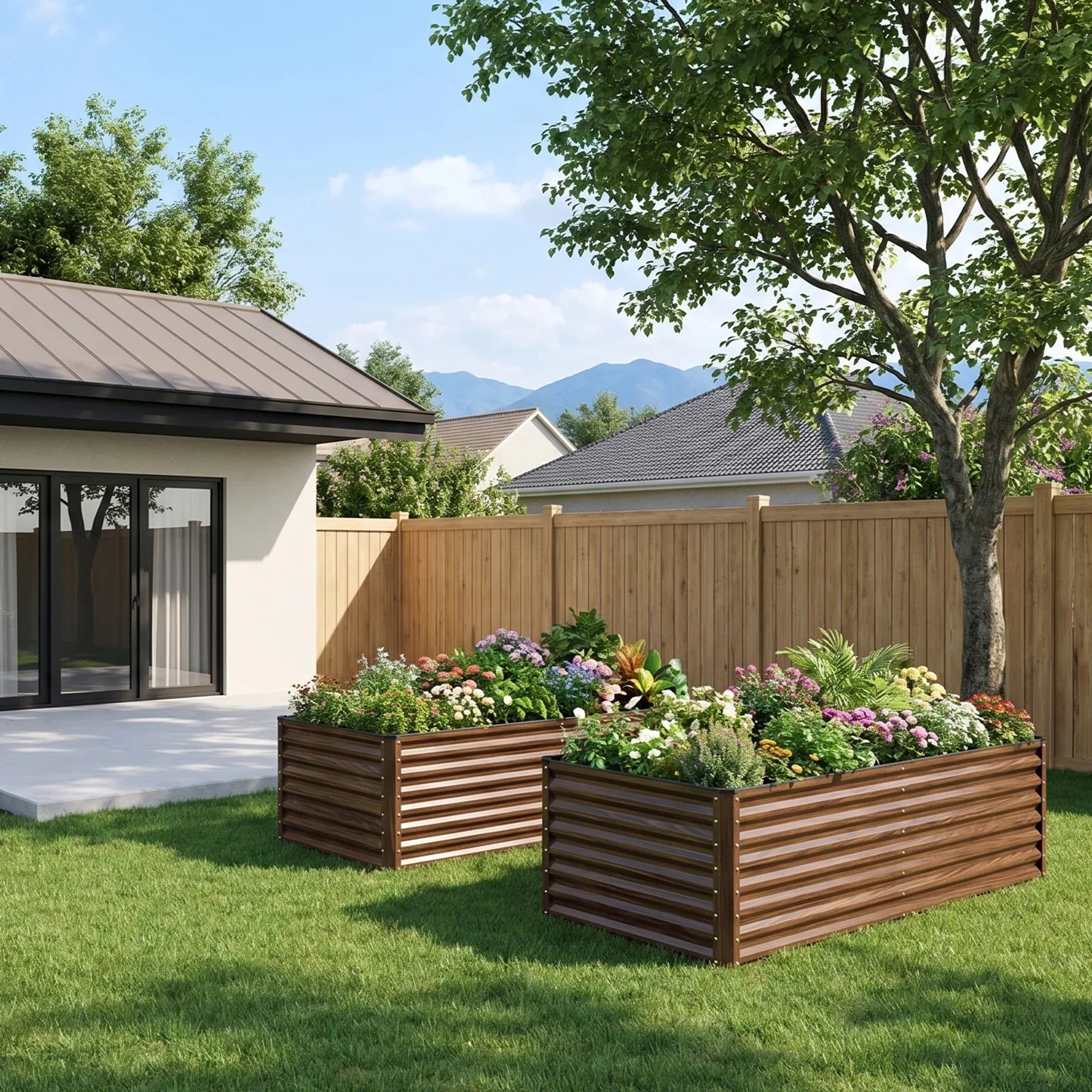 Metal raised garden beds with colorful flowers in a sunny backyard, perfect for American gardeners.