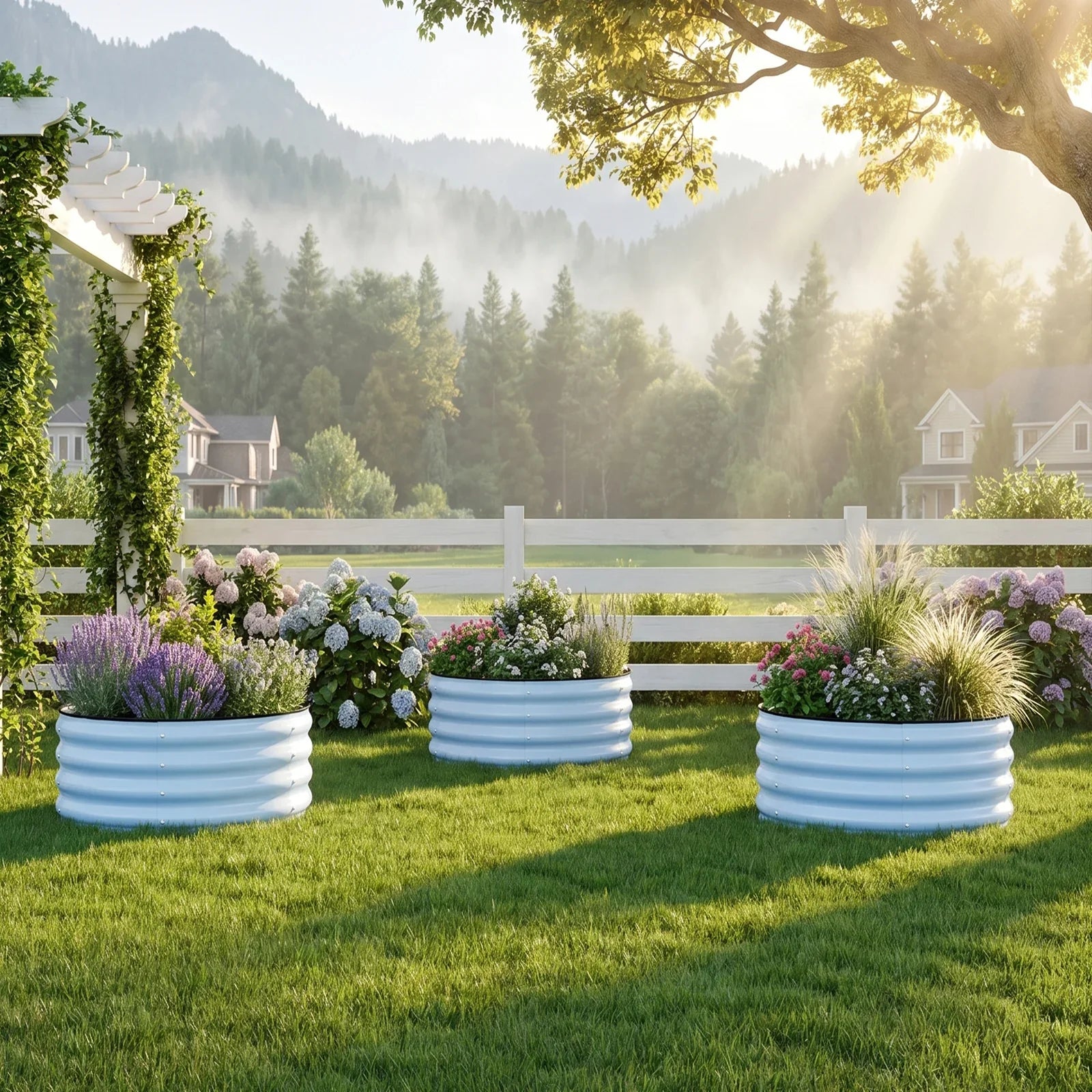 Metal raised garden beds with flowers in sunny backyard, ideal for American gardeners