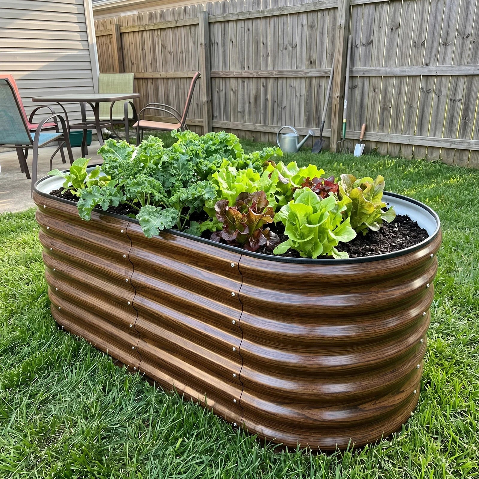 Oval metal raised garden bed with lettuce and kale in backyard, durable and stylish for home gardening.