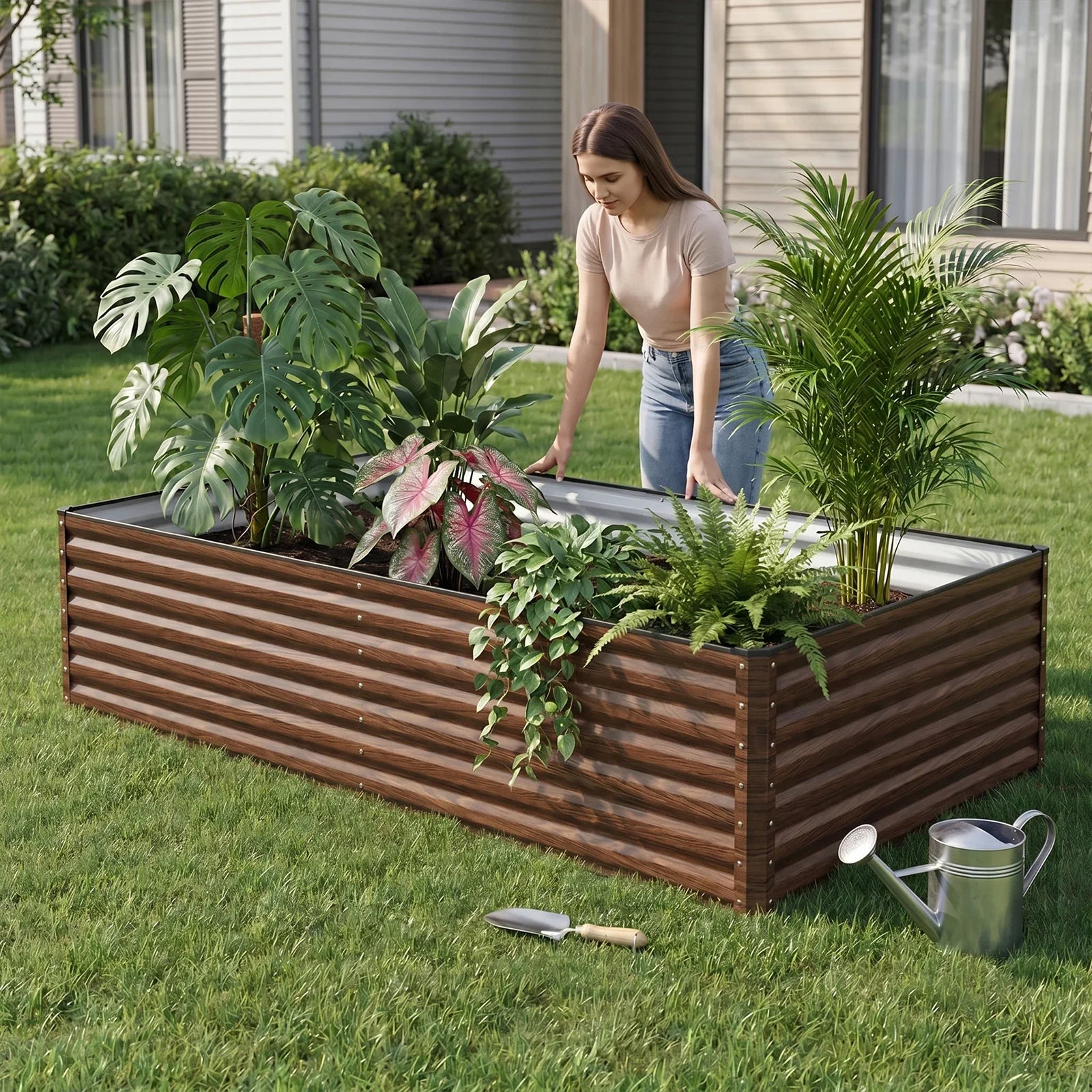 Woman tending plants in a stylish metal raised garden bed on a sunny lawn