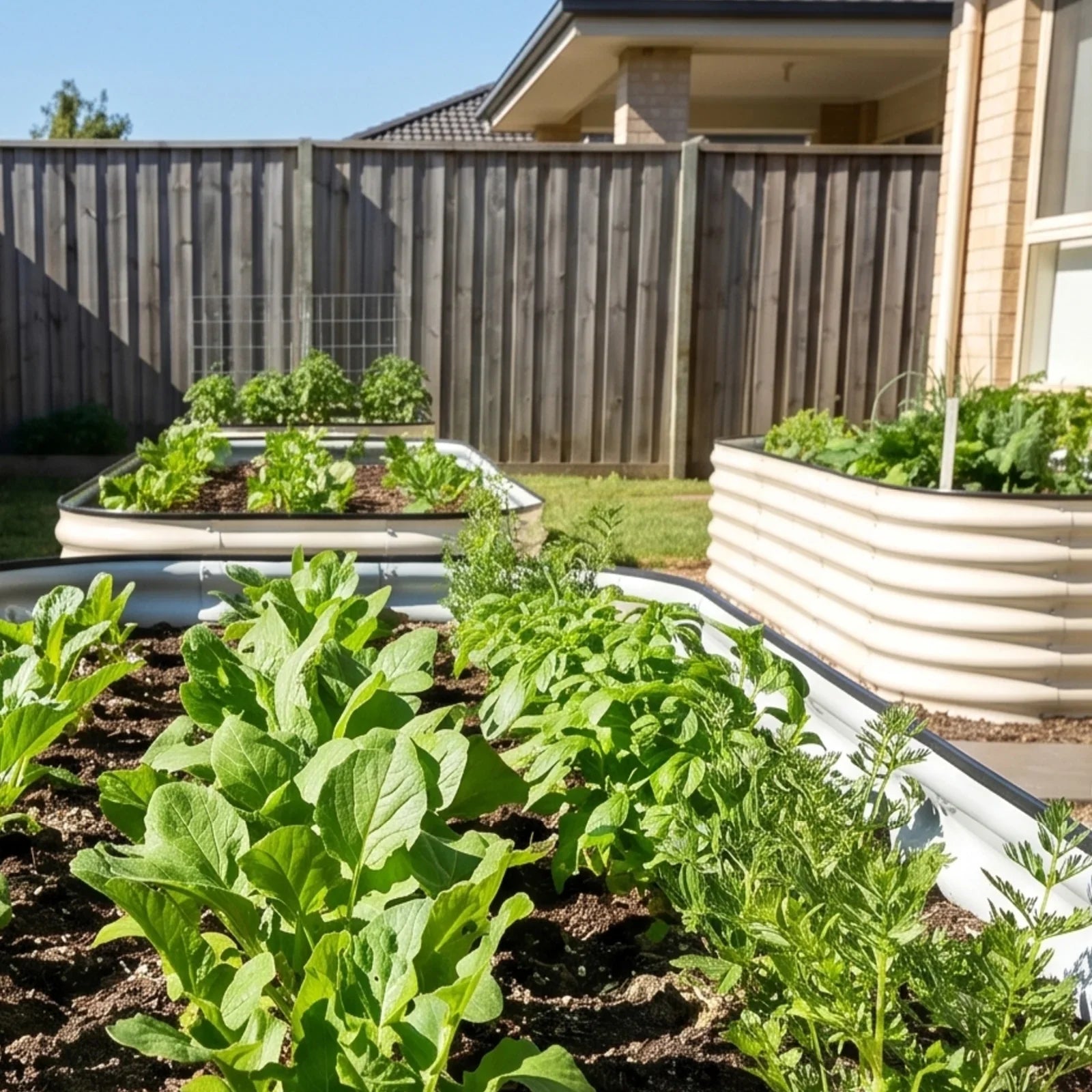 Metal raised garden beds with thriving vegetables in a sunny backyard