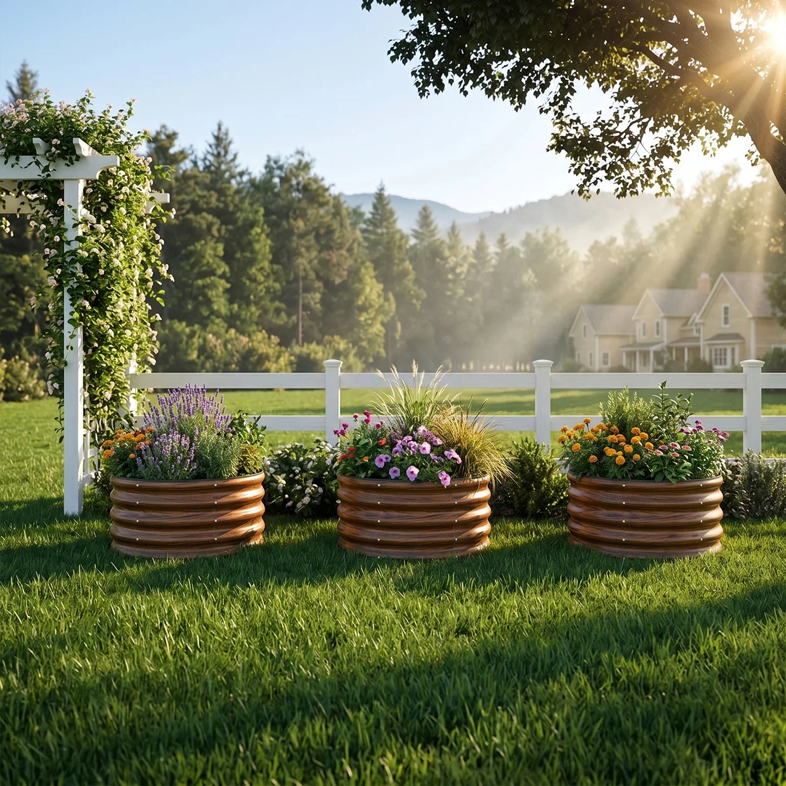 Metal raised garden beds with colorful flowers in sunny backyard, perfect for American gardens