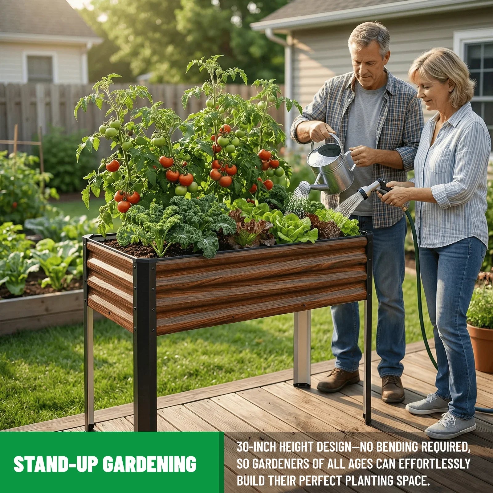 Couple watering tomatoes and greens in a 30-inch tall raised garden bed on a deck, perfect for stand-up gardening.