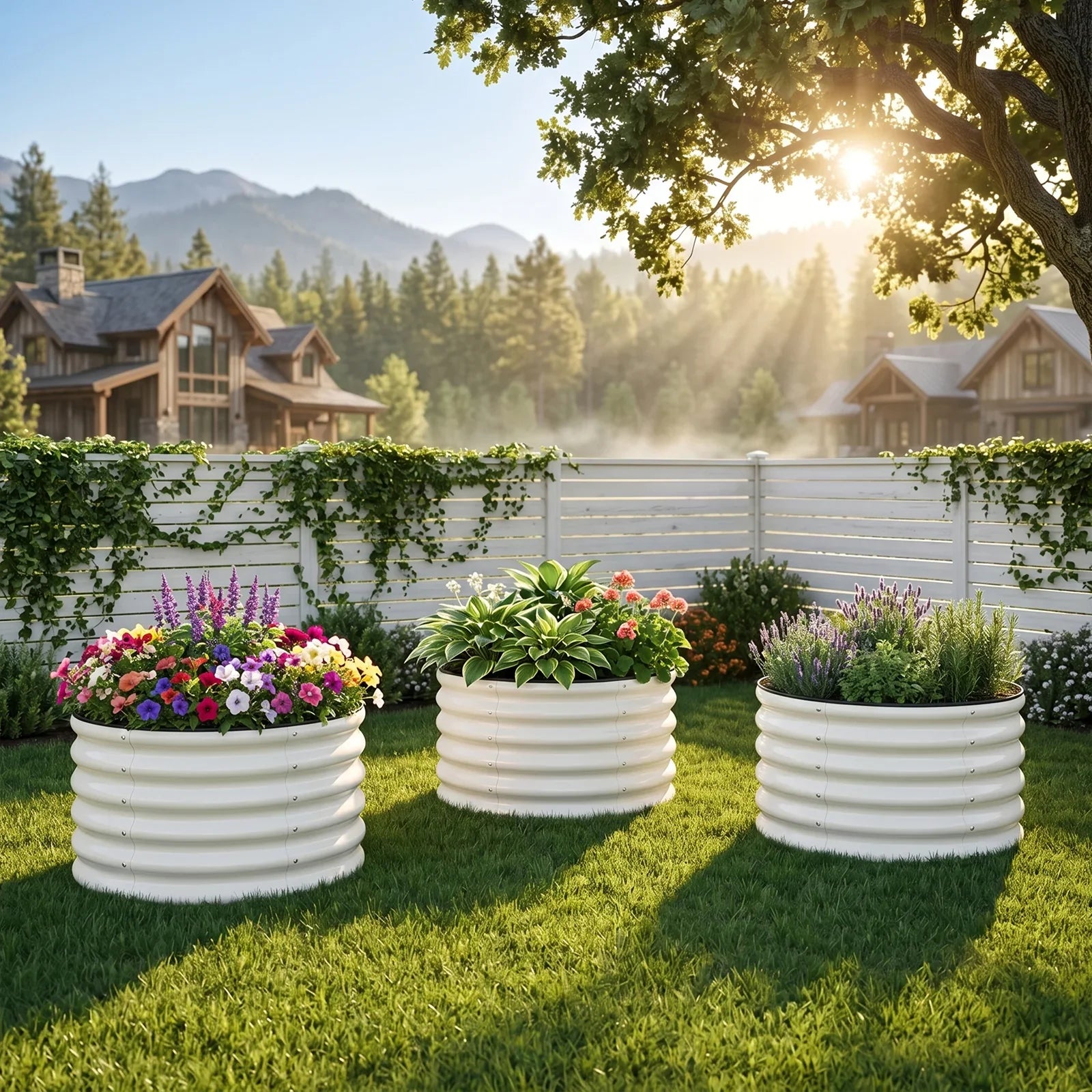 White metal raised garden beds with colorful flowers in a sunny backyard, perfect for American gardens.