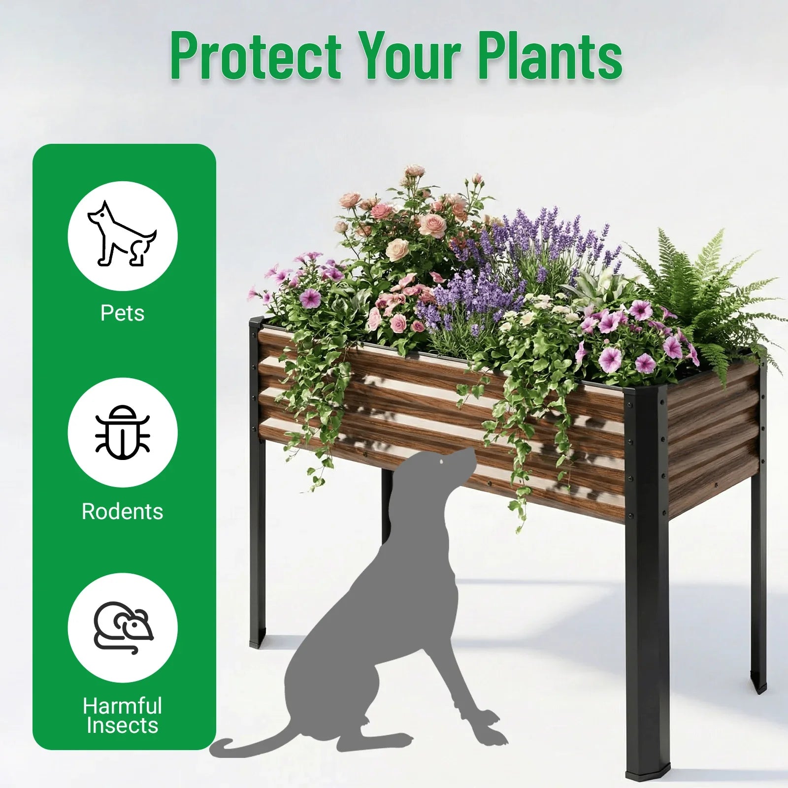 Elevated metal garden bed with flowers, protects plants from pets, rodents, and insects