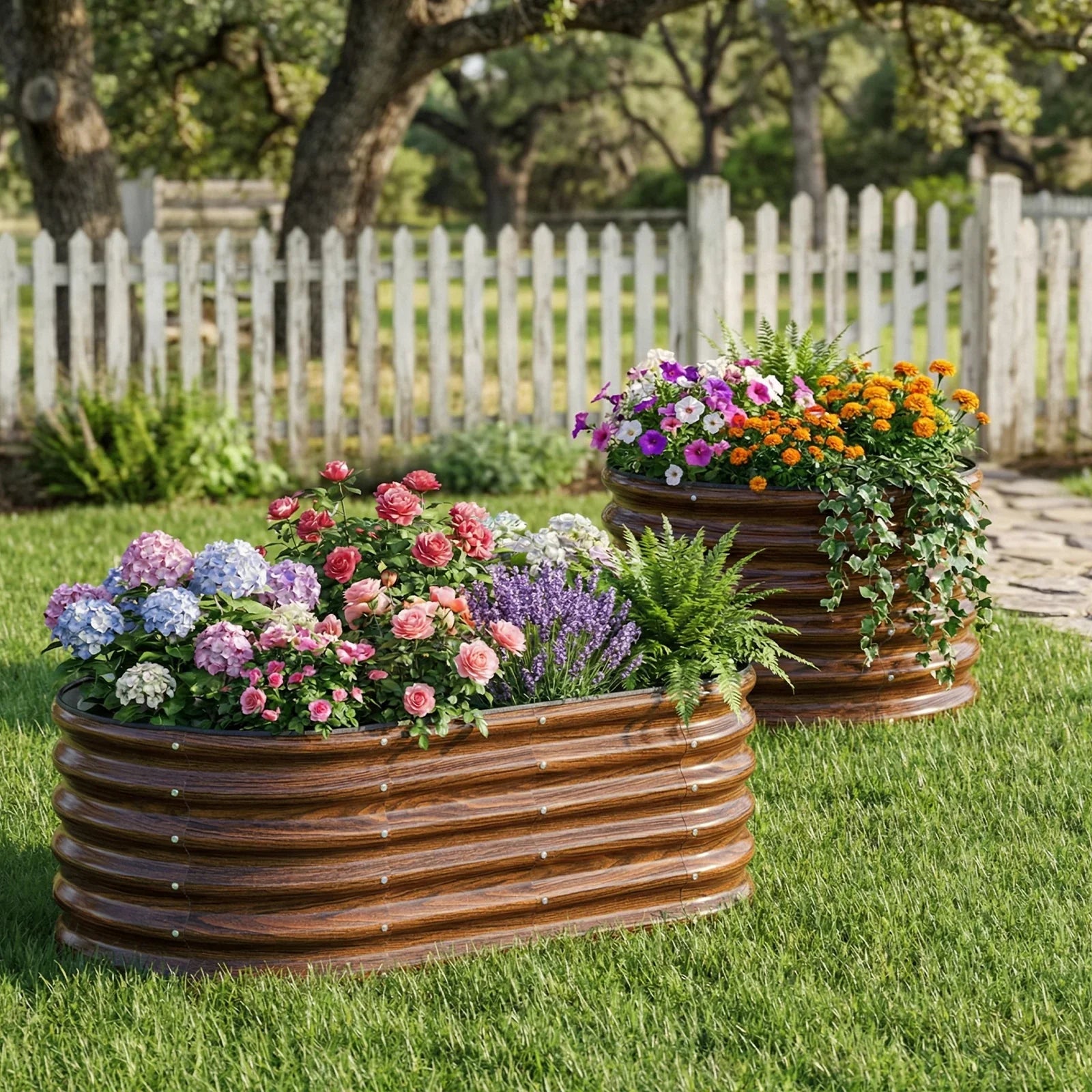 Wood-look metal raised garden beds with colorful flowers in a sunny backyard