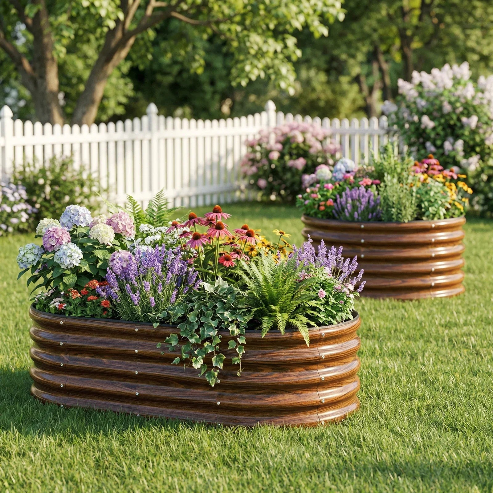 Metal raised garden beds with colorful flowers in a sunny backyard, perfect for American gardeners.