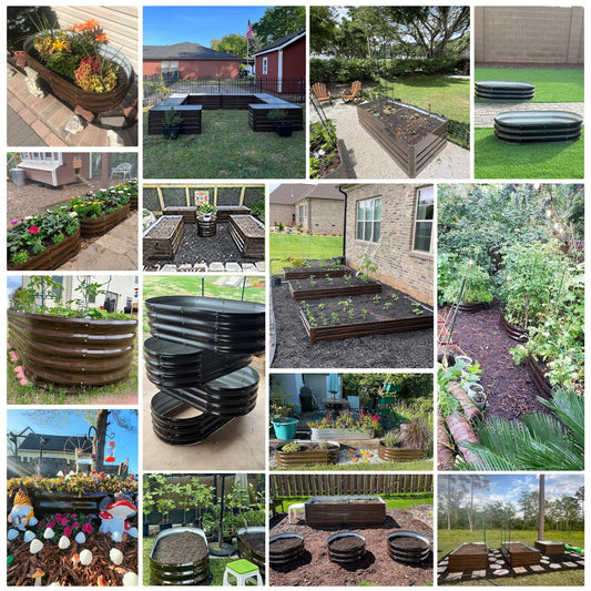 Durable metal raised garden beds in various backyard settings, perfect for flowers, veggies, and American gardens.