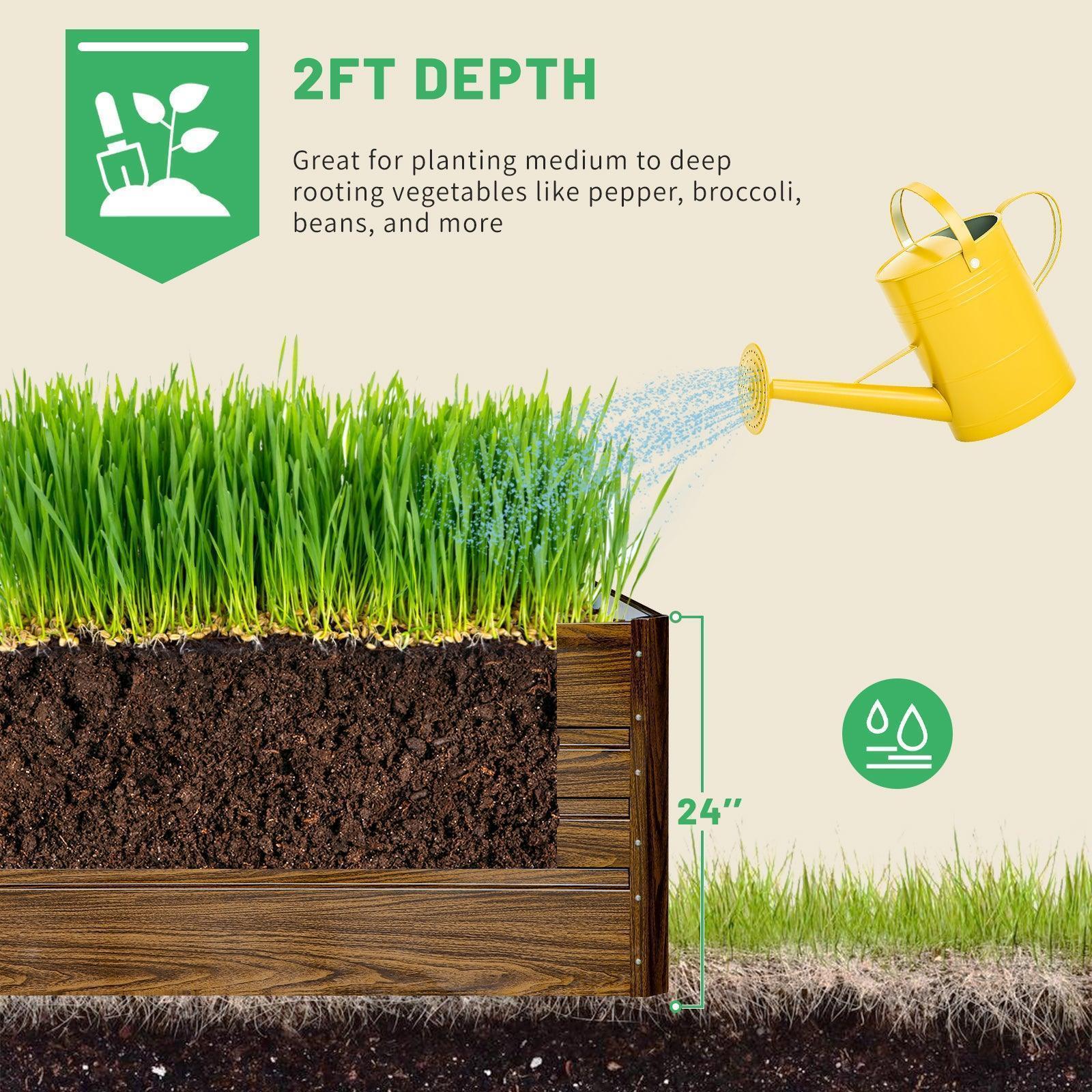 2ft deep raised garden bed with rich soil, green plants, and yellow watering can for vegetable gardening