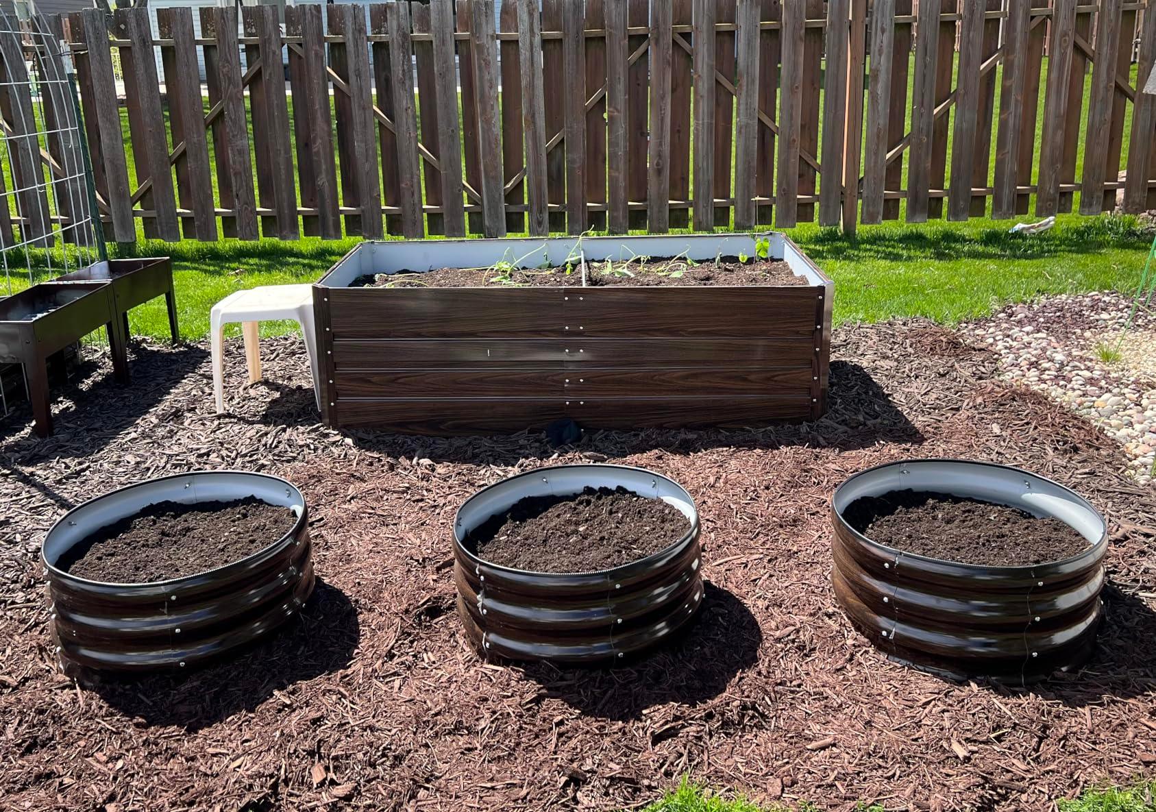 Metal raised garden beds with soil and seedlings in backyard, ideal for American gardeners