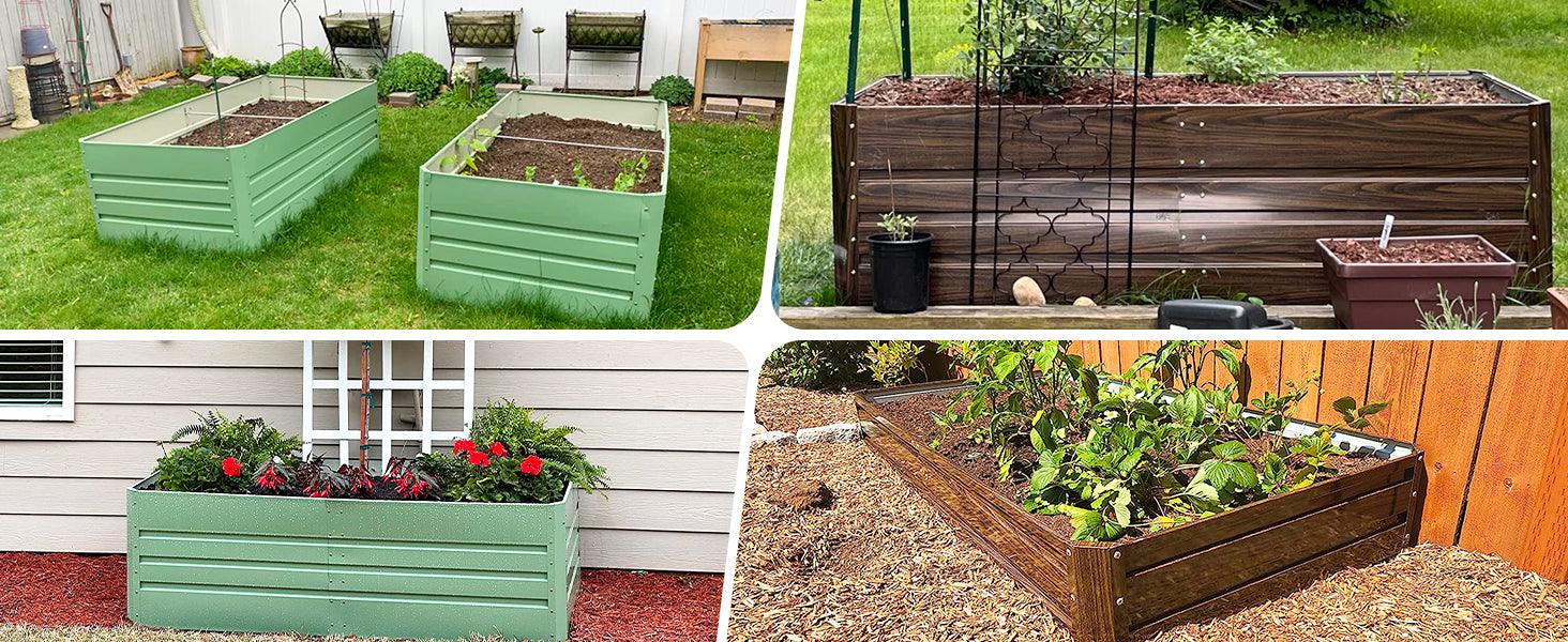 Metal raised garden beds in green and brown, perfect for growing flowers and veggies in any backyard.