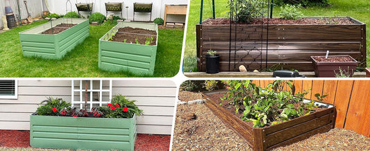 Metal raised garden beds in green and brown, perfect for growing flowers and veggies in any backyard.