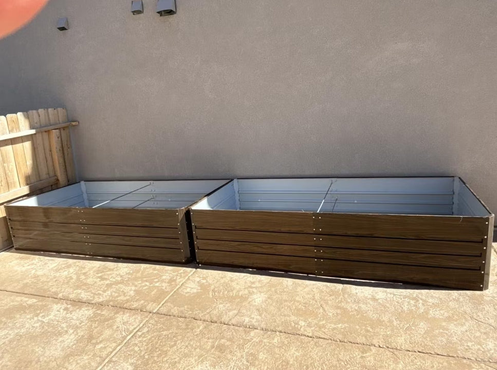 Two brown metal raised garden beds on patio, ideal for American gardeners seeking durable, eco-friendly planting solutions.
