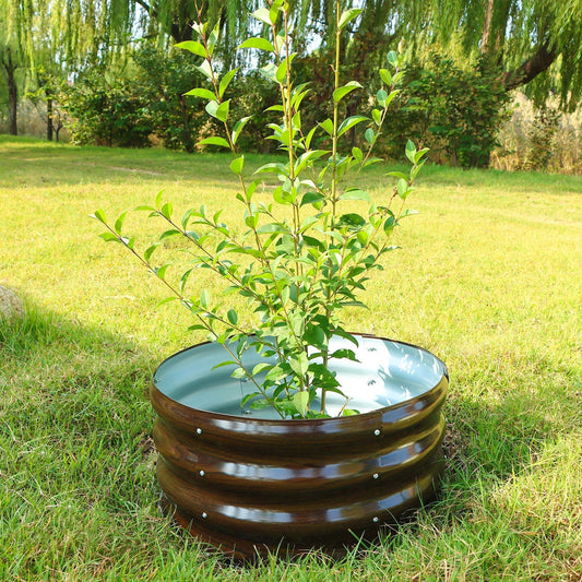 Round metal raised garden bed with young plant in sunny lawn, durable outdoor planter for American gardens
