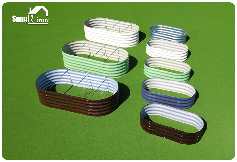 Metal raised garden beds in white, green, blue, and brown on grass, ideal for American gardens